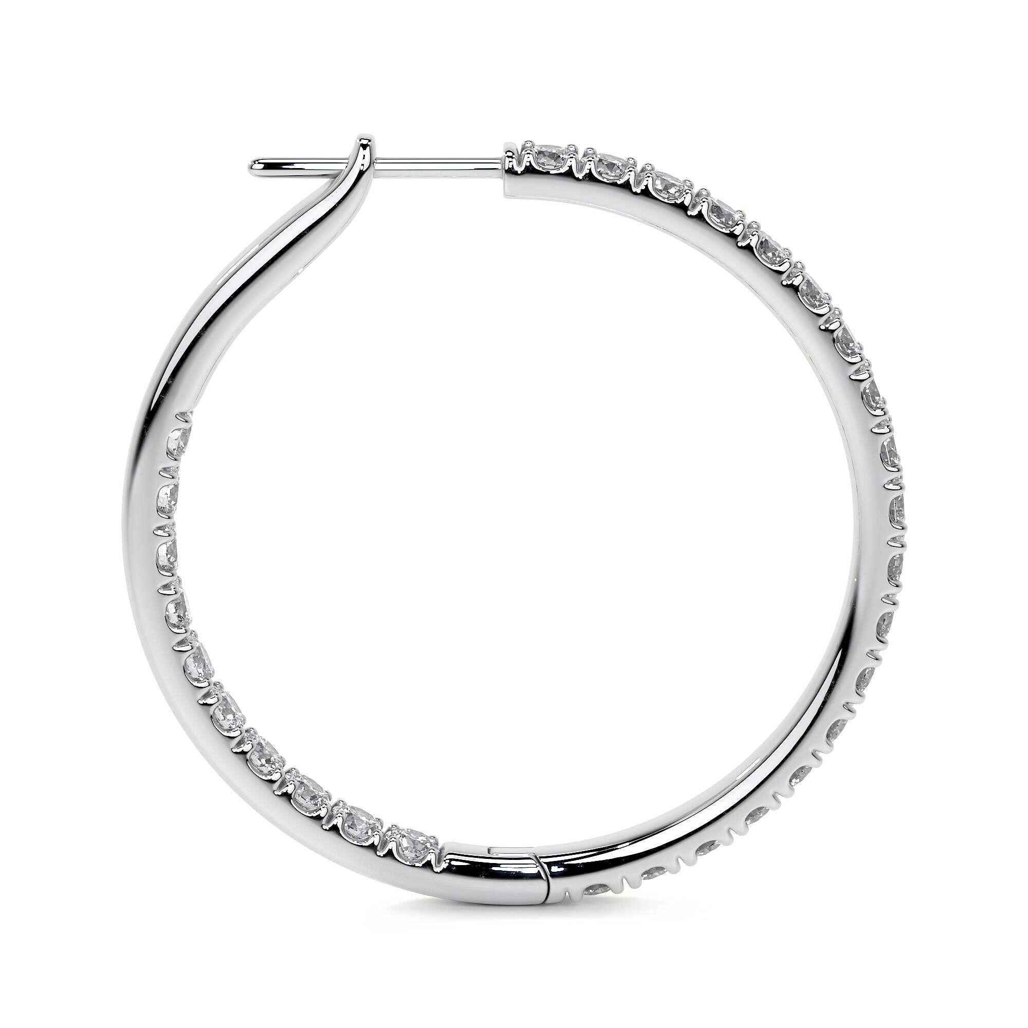 Front angle of 32mm round brilliant cut diamond hoop earrings in 18K white gold with secure toggle clasp