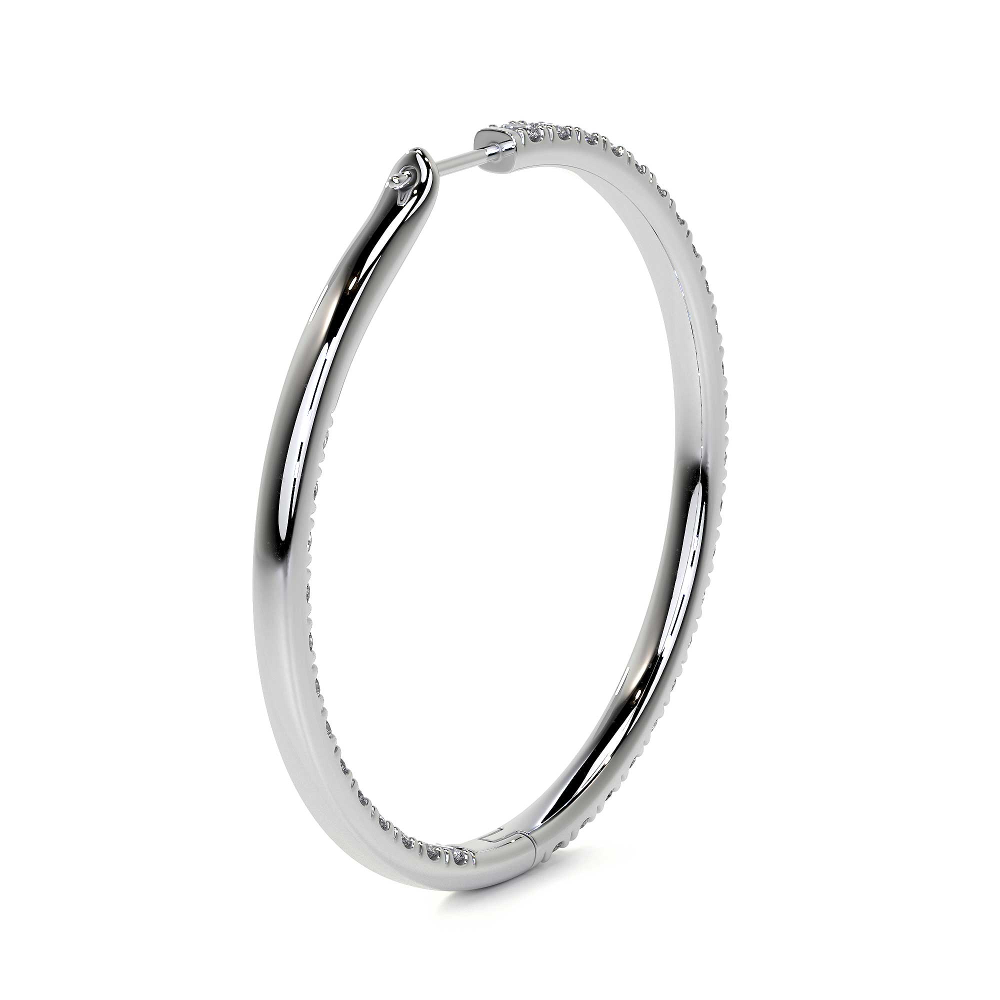 Three-quarter angle of 18K white gold diamond hoop earring with secure hinge clasp