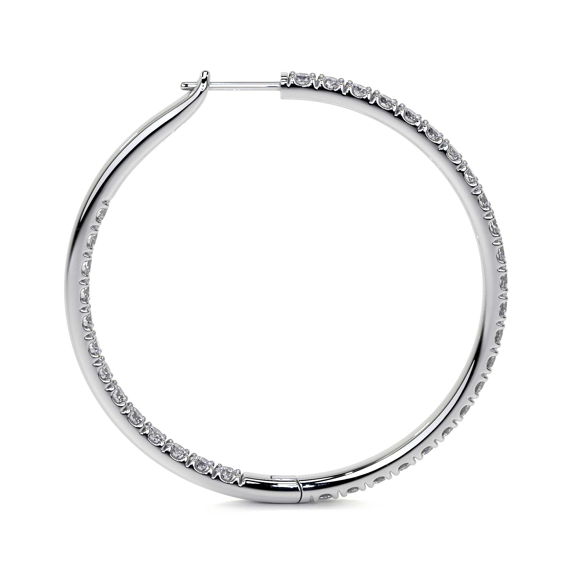Side view of 38mm white gold diamond hoop earring showing hinged closure