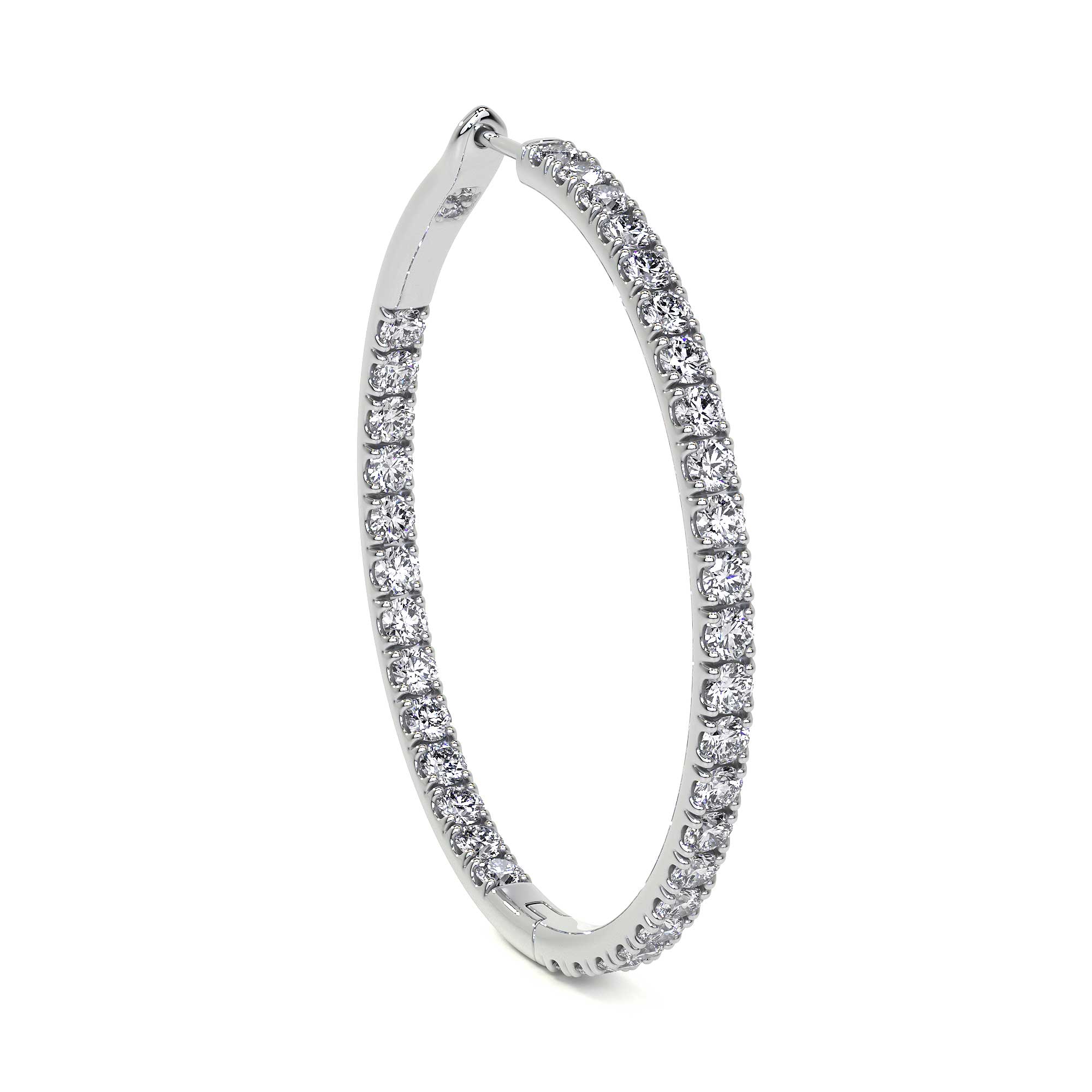 Tilted view of 38mm white gold diamond hoop earring highlighting symmetry and scale