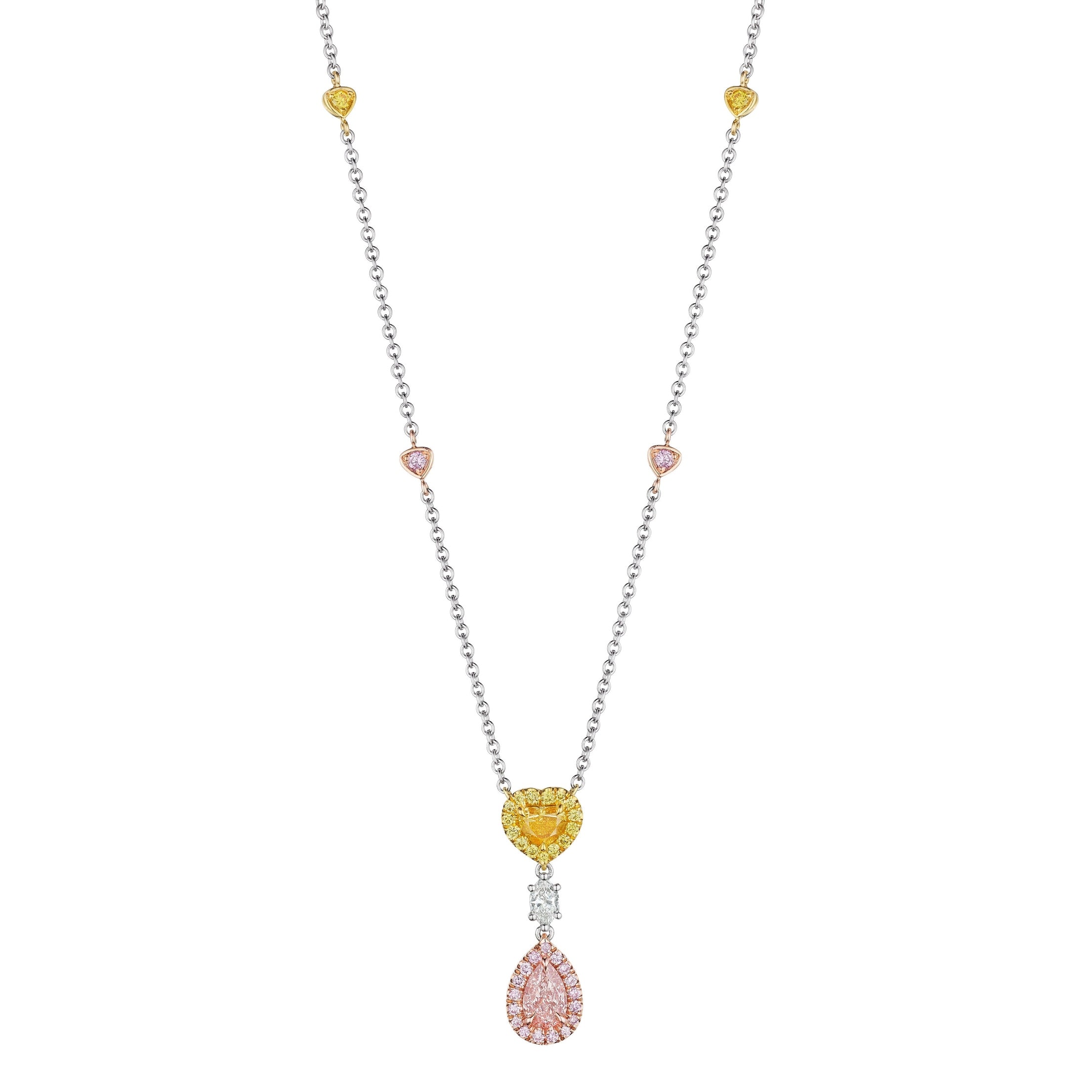Platinum necklace with heart yellow diamond, rose gold pink diamonds, and square cut center