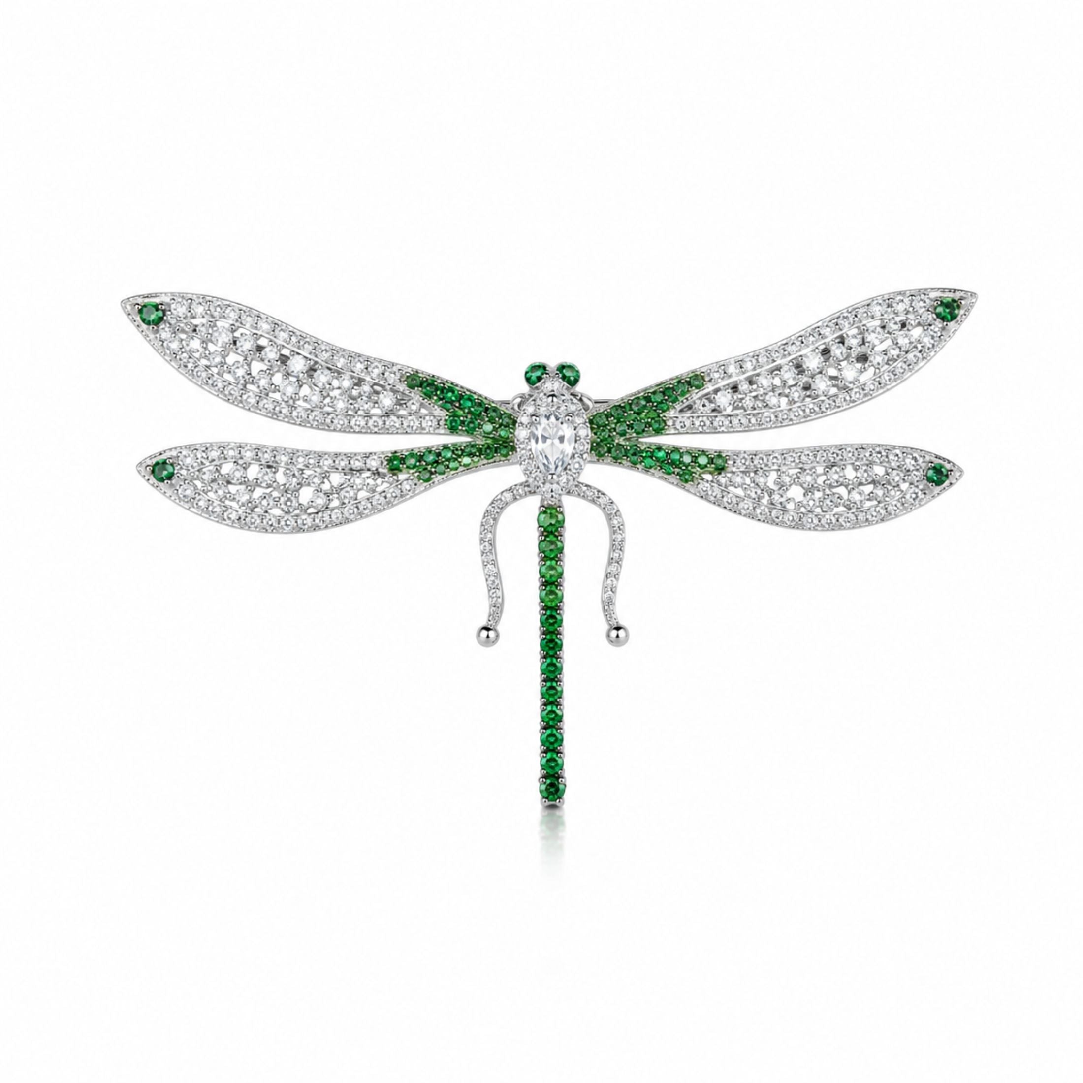 Dragoon Fly dragonfly pin brooch with emerald green gemstones and white cubic zirconia wings on silver-toned metal