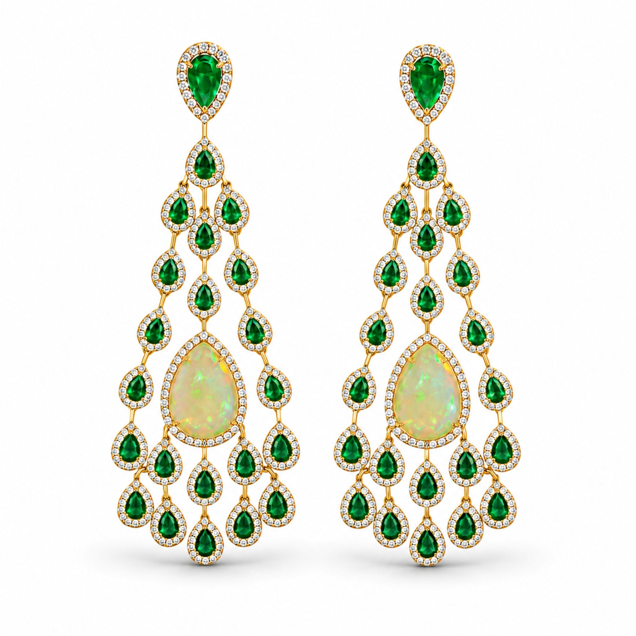 Calantha 29.12 Carat Emerald, Diamond, & Opal Chandelier Earrings in 18K Rose Gold