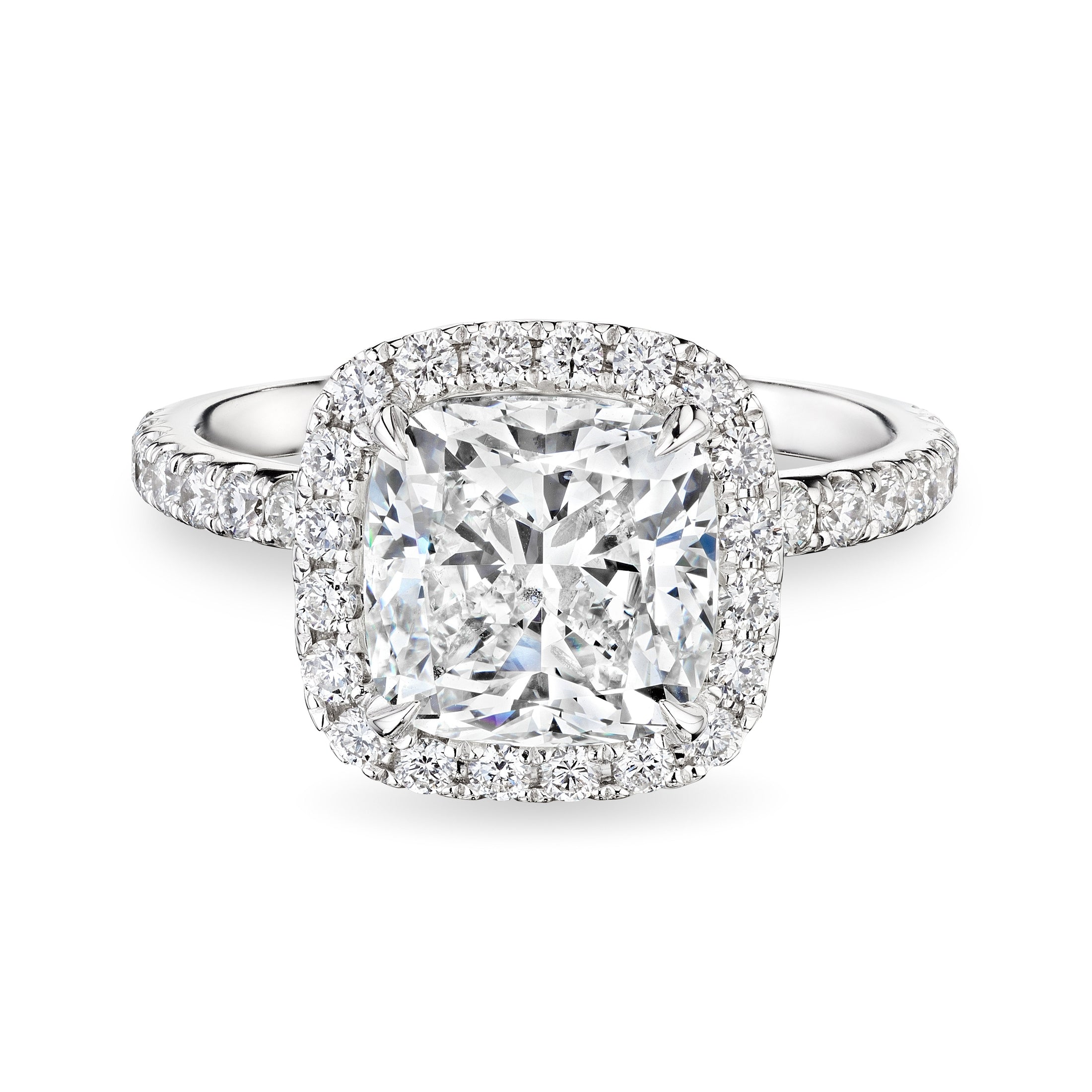 Ella 3.67 carat cushion cut diamond halo ring front view double-tier micro-pavé white gold