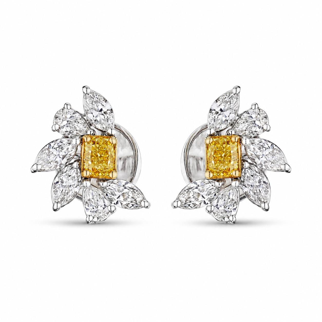 Leviev radiant yellow diamond stud earrings asymmetrical floral design