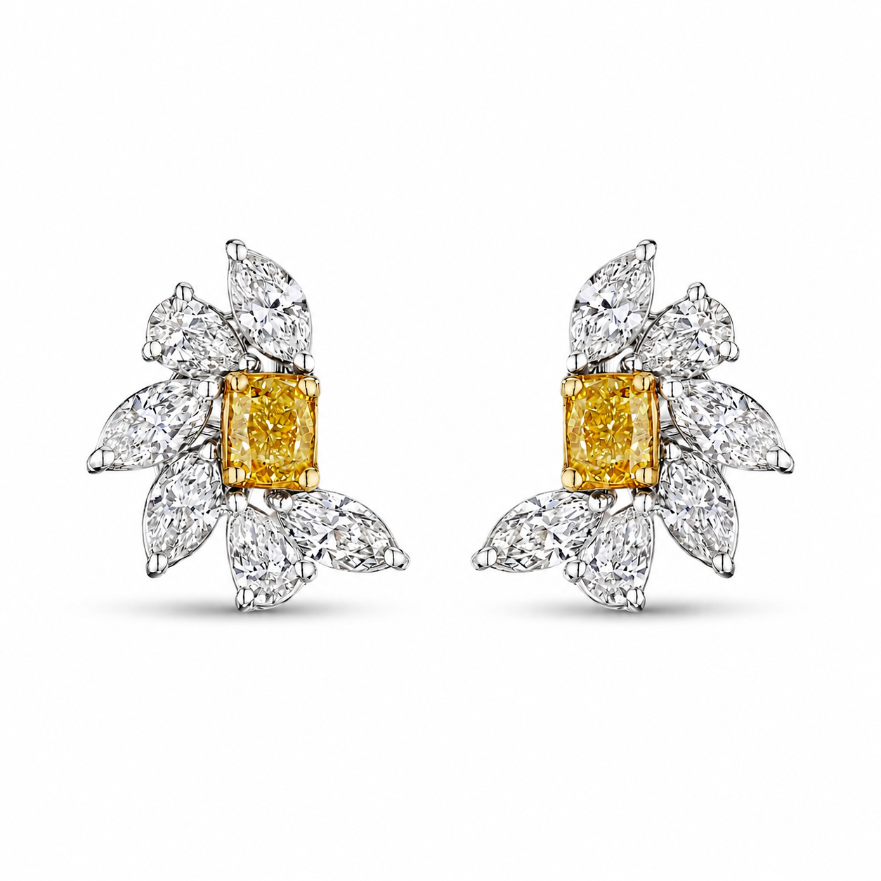 18K white gold Elowyn earrings with central yellow diamond and clear accents