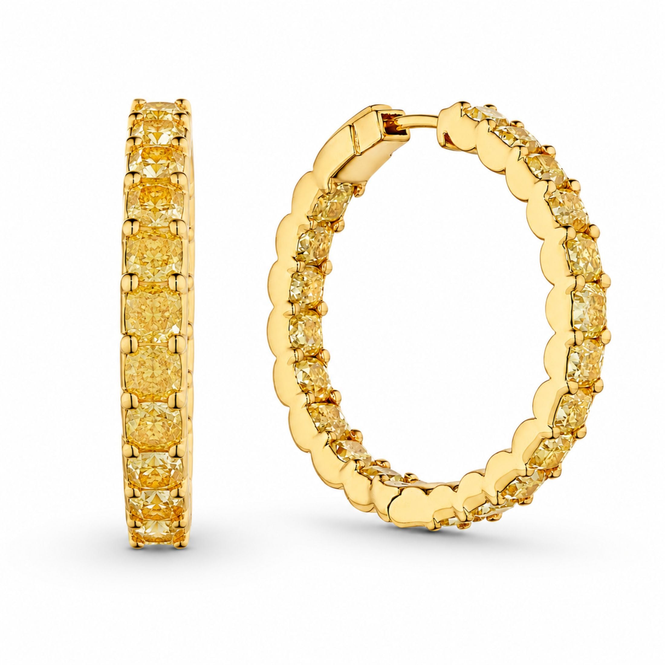 Leviev yellow diamond hoop earrings showing front and profile view of 18K gold band