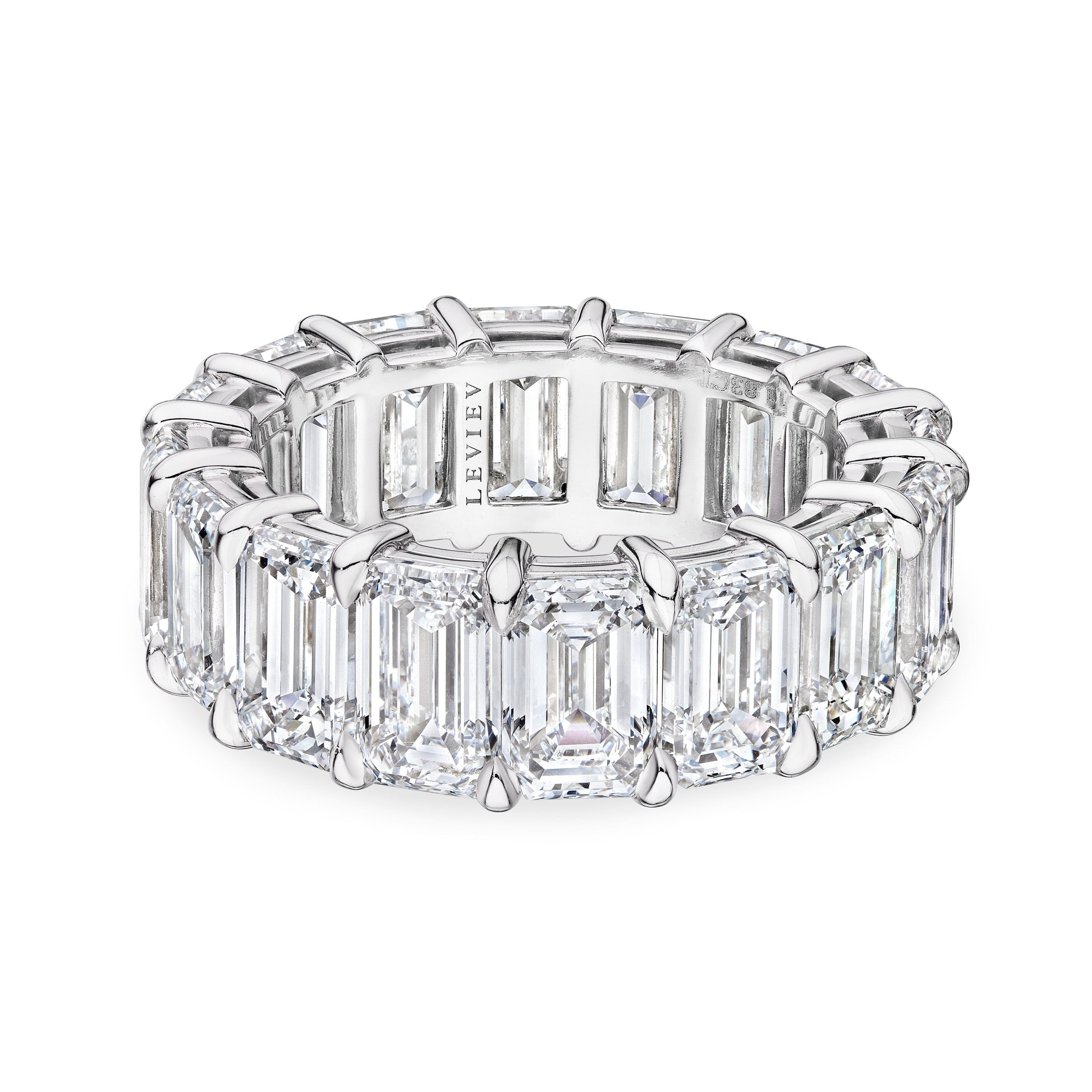 Leviev platinum eternity band with 16 emerald cut diamonds and engraved interior
