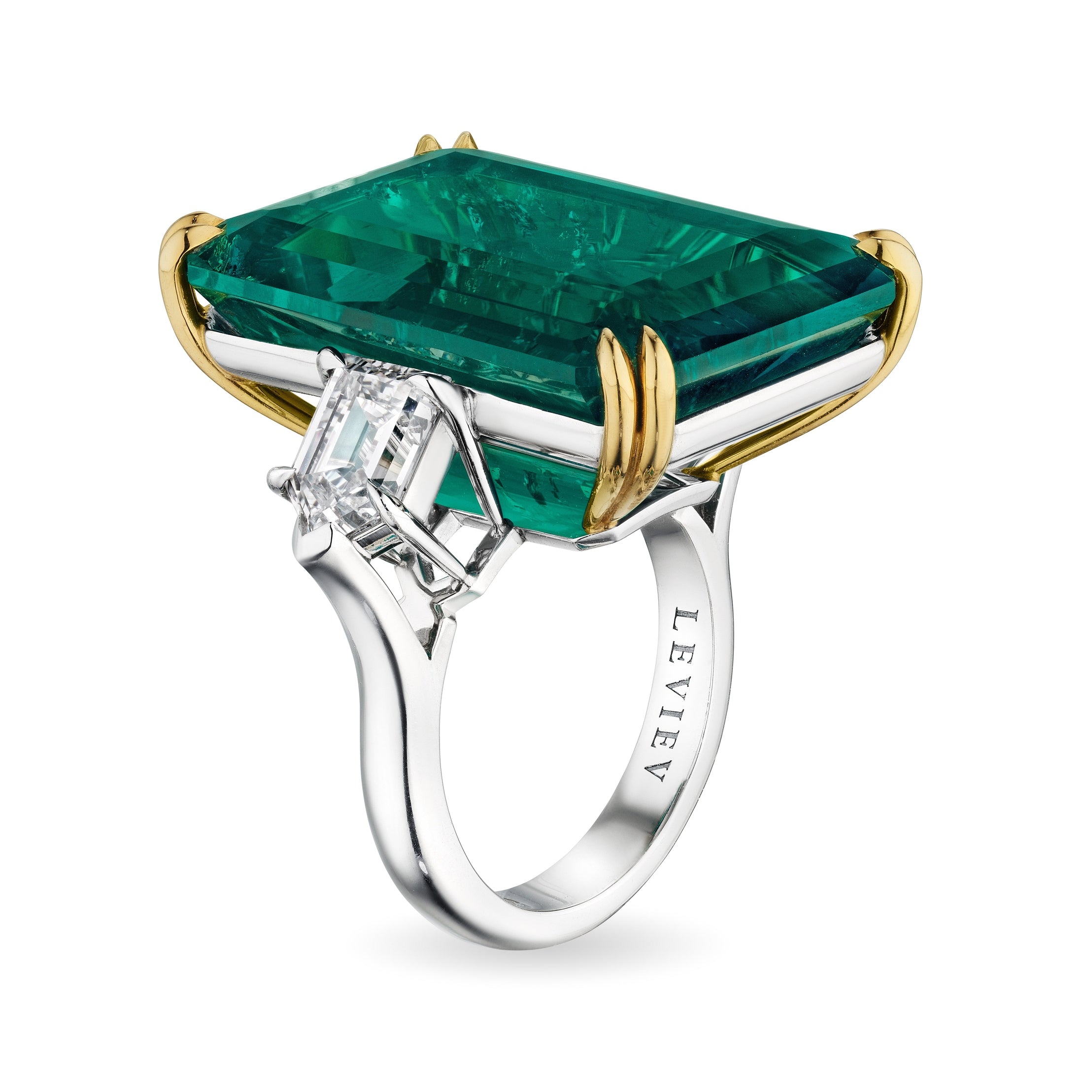 Emerald Cut Diamond Ring With Bullet Diamonds, 26 CT Leviev Rings Rings Leviev 