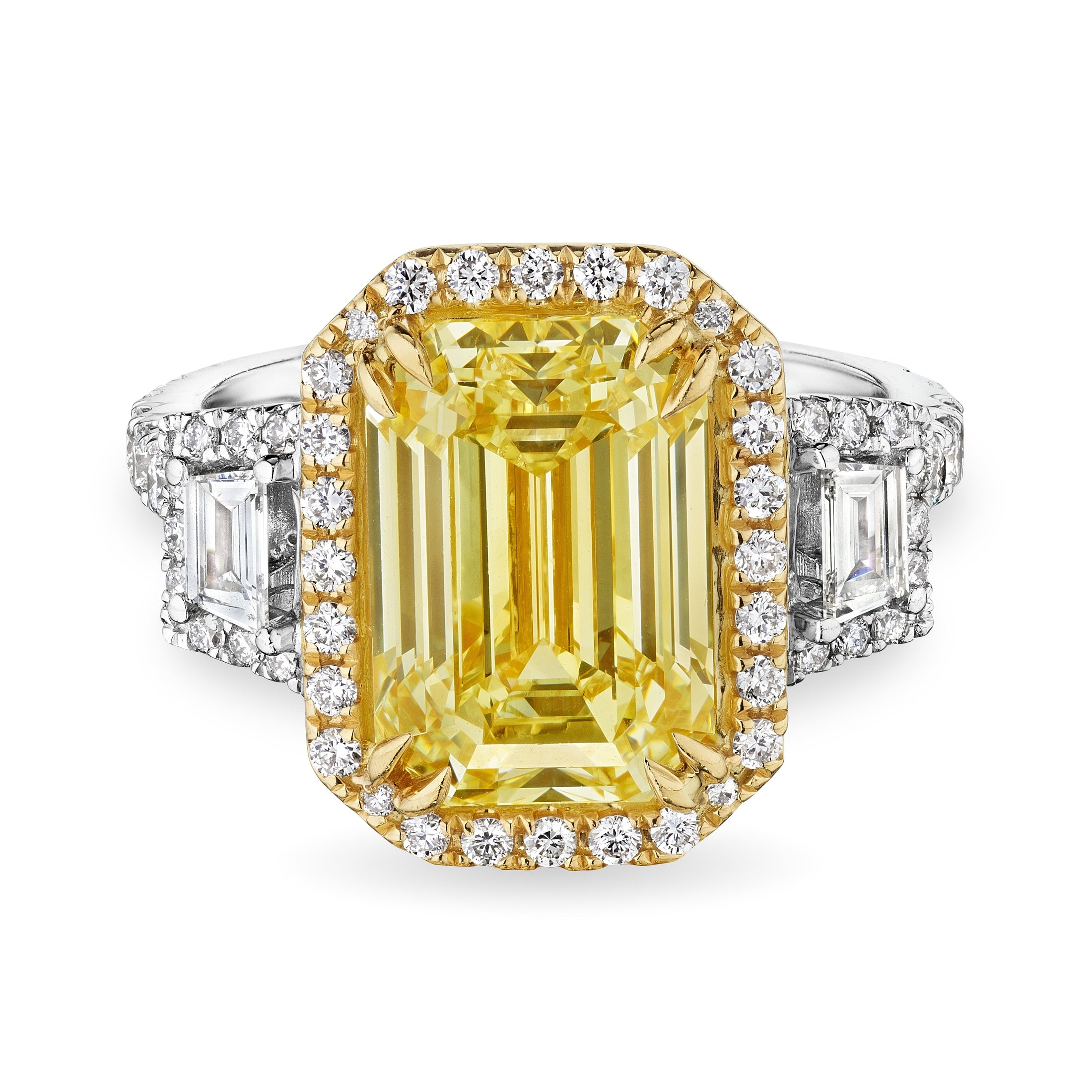 Leviev emerald cut fancy light yellow diamond ring front view with halo of round white diamonds and baguette shoulders