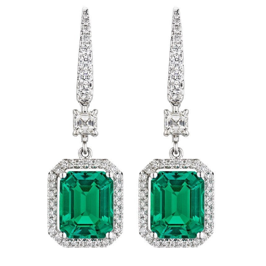 'Emerald Falls' Green Emerald Drop Earrings with Halo, 12 CT Leviev Earrings Earrings