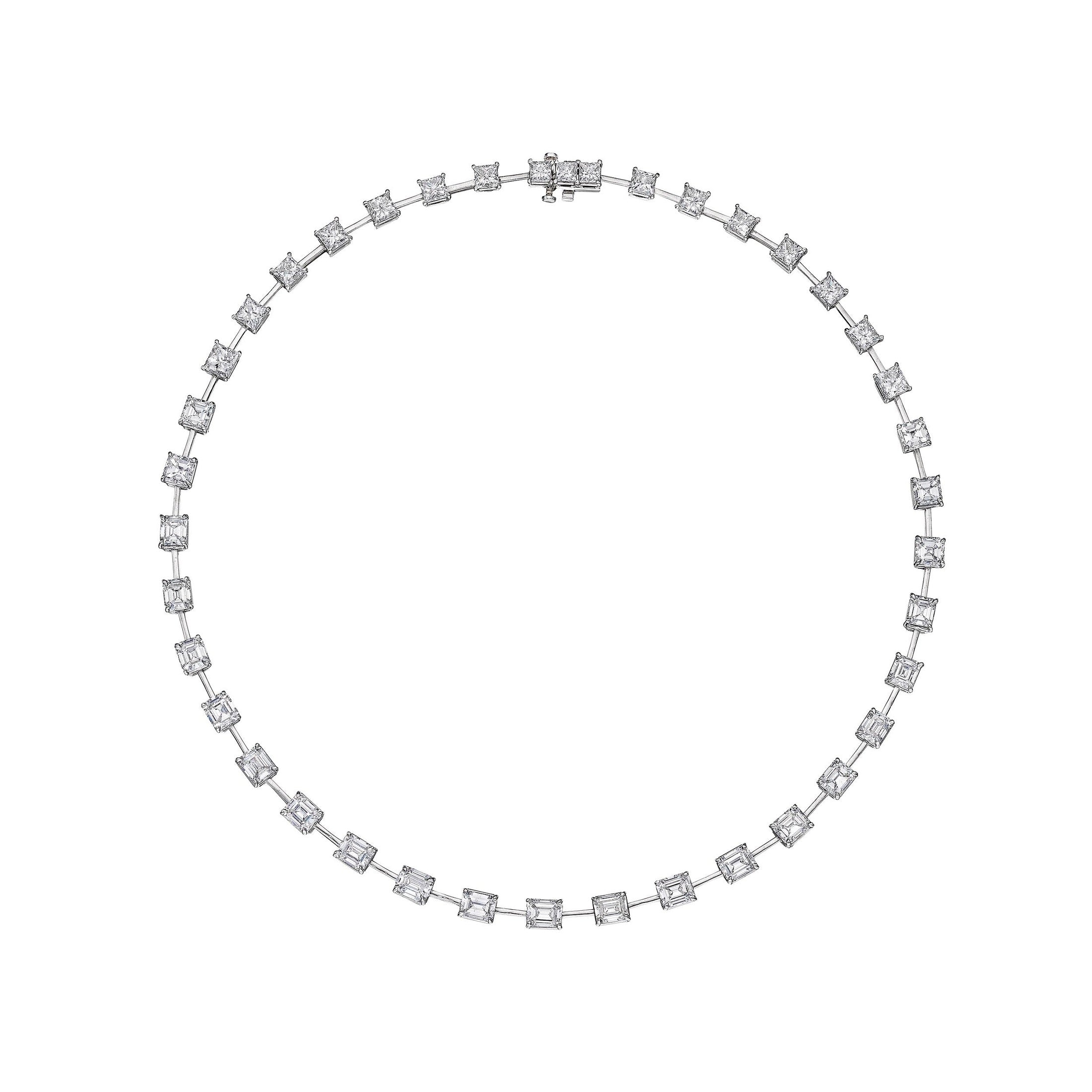 Leviev platinum emerald and princess cut diamond necklace full loop view with clasp