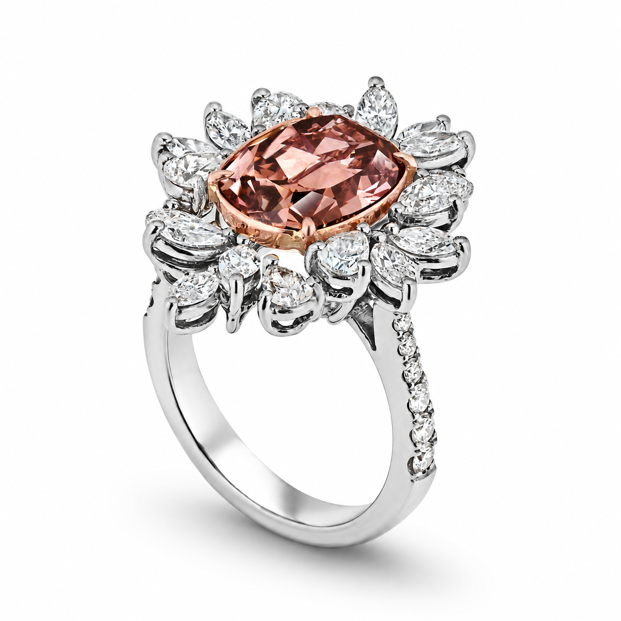 Empress Rose 10.15ct Fancy Brownish Pink Diamond Ring in 18K White Gold with rose gold prongs and diamond halo