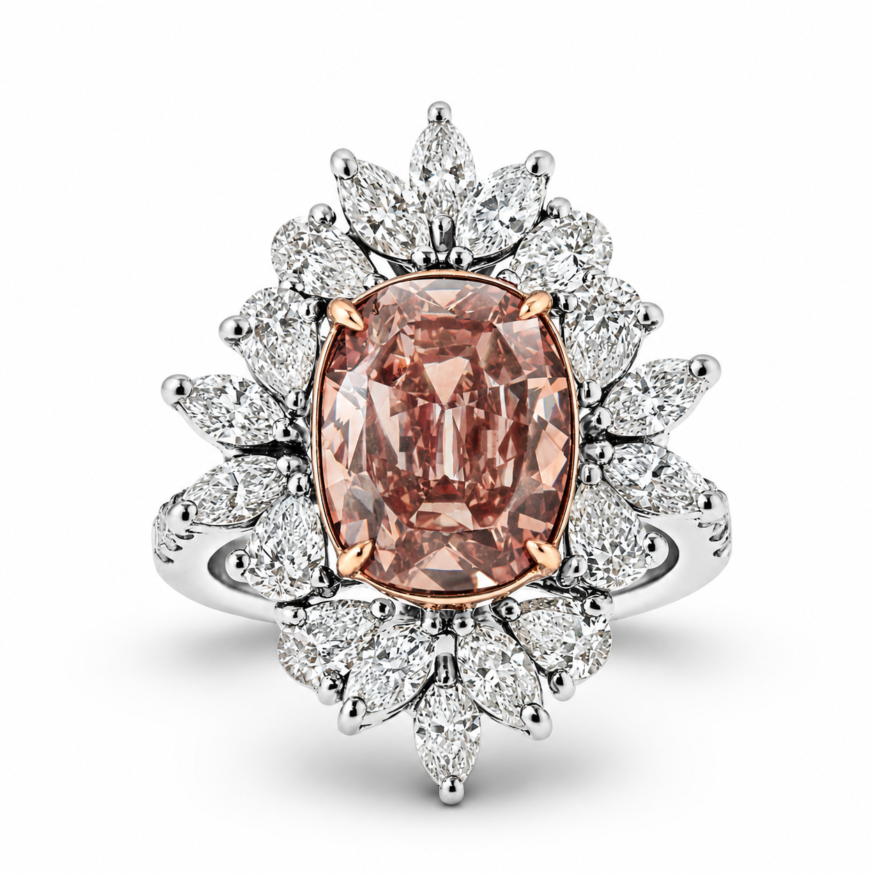 Front view of cushion-cut brownish pink diamond ring with floral white diamond halo and channel-set band
