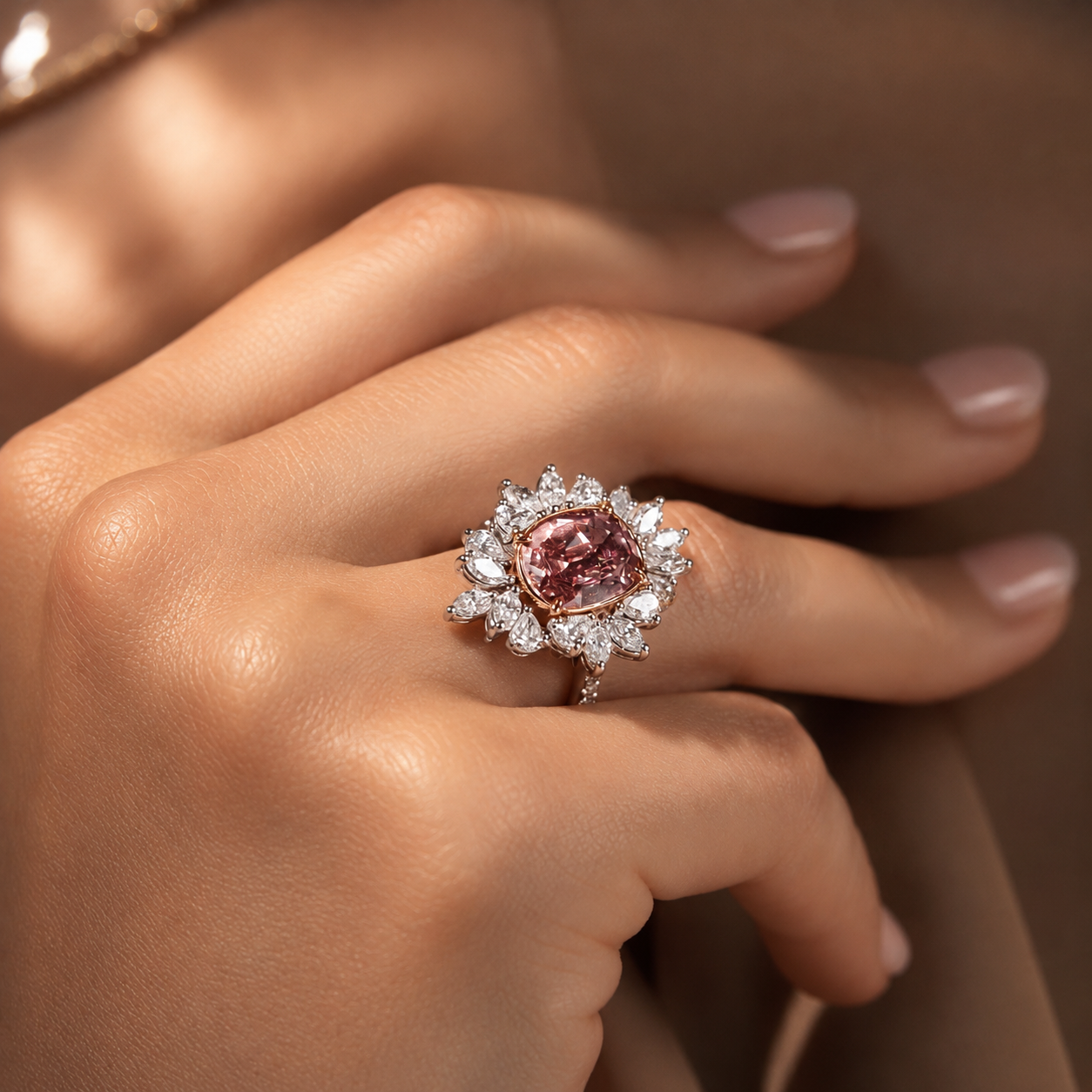 Woman wearing Leviev Empress Rose brownish pink diamond engagement ring on hand with matching bracelet
