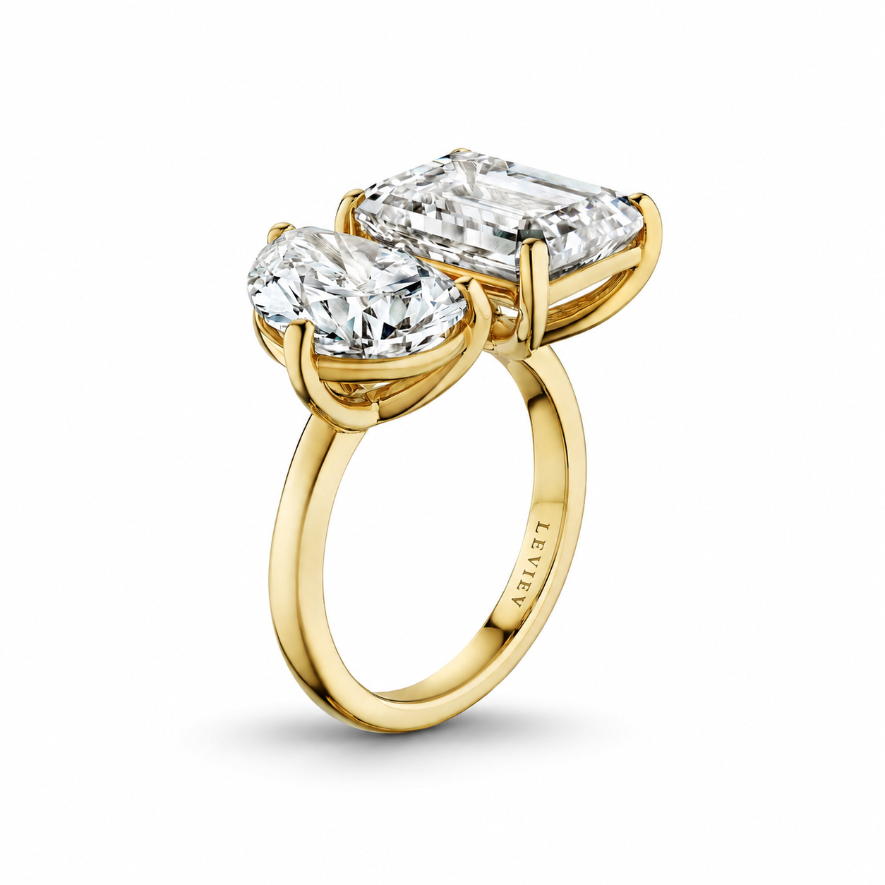 Estelle Toi et Moi diamond bypass ring in 14K yellow gold showing LEVIIEV engraving