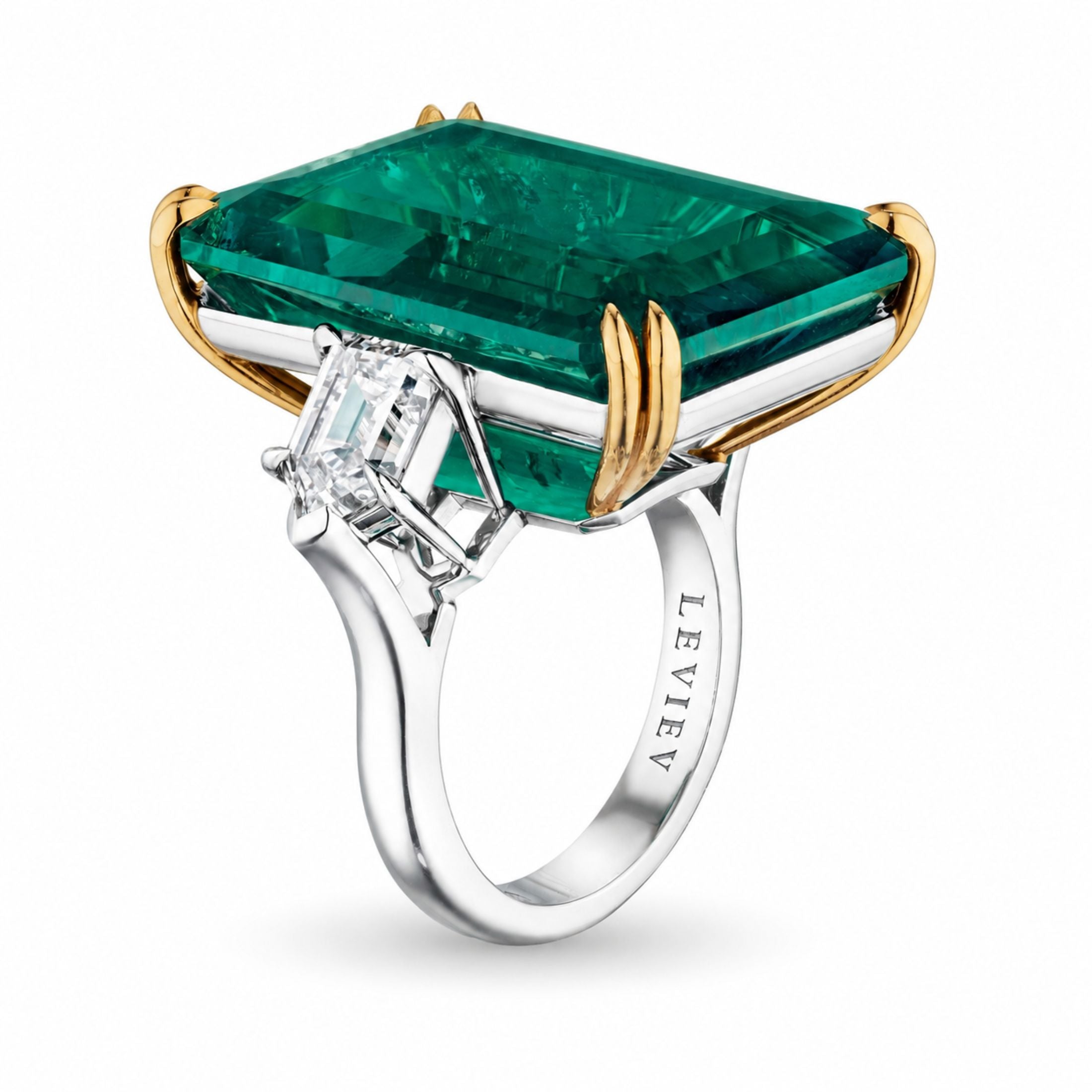 Evermont 28.09 Carat Emerald Cut Emerald & Diamond Ring in 18K White Gold & Platinum
