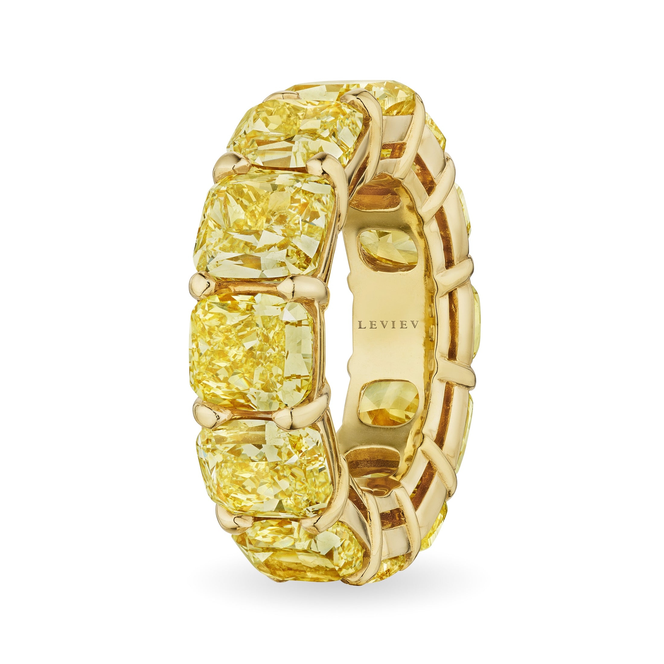 Fancy Yellow Cushion Cut Diamond Eternity Band, 18 CT Leviev Rings Rings Fancy Yellow Cushion Cut Diamond Eternity Band, 18 CT Leviev Rings Rings