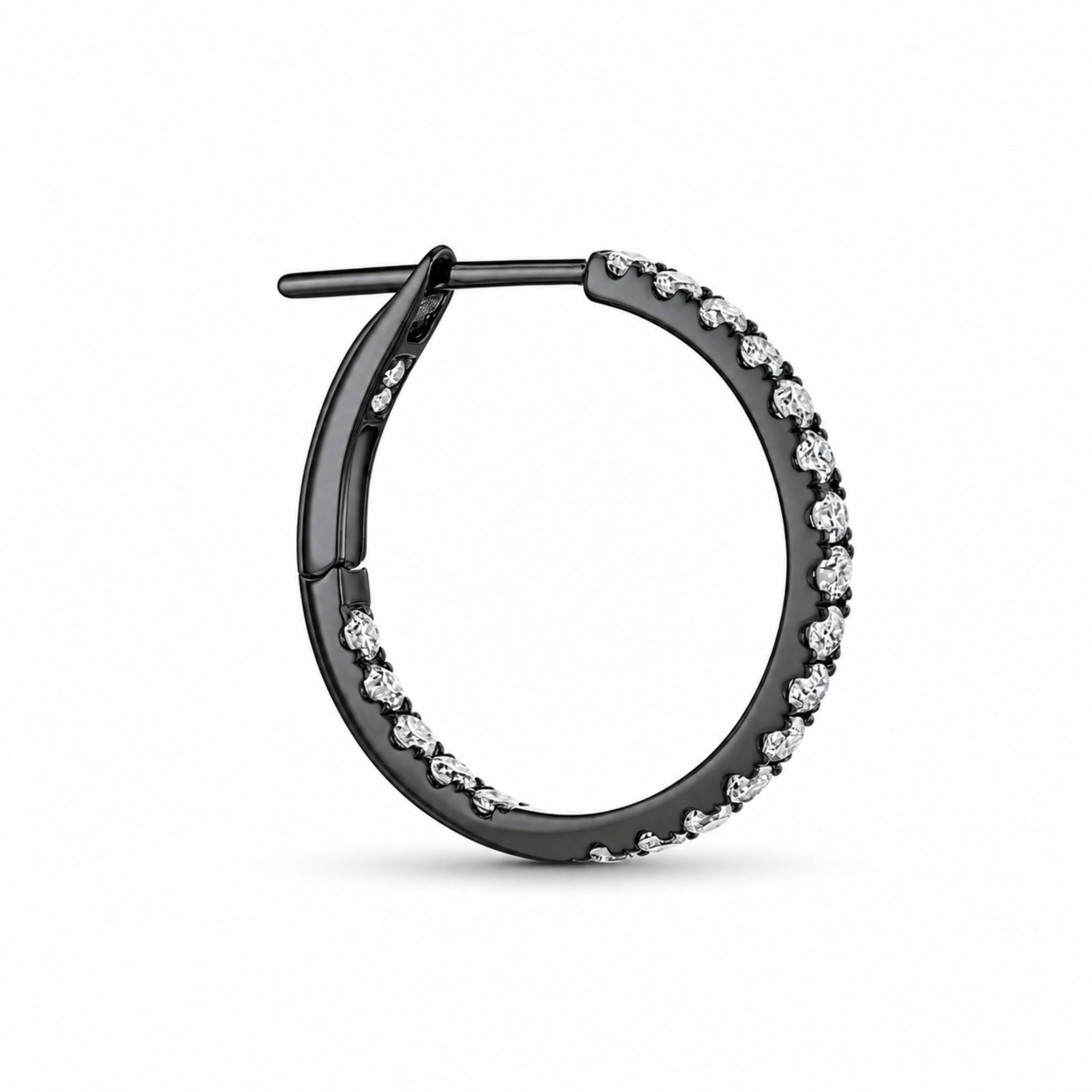 Leviev black rhodium diamond hoop earring side profile with hinged closure detail
