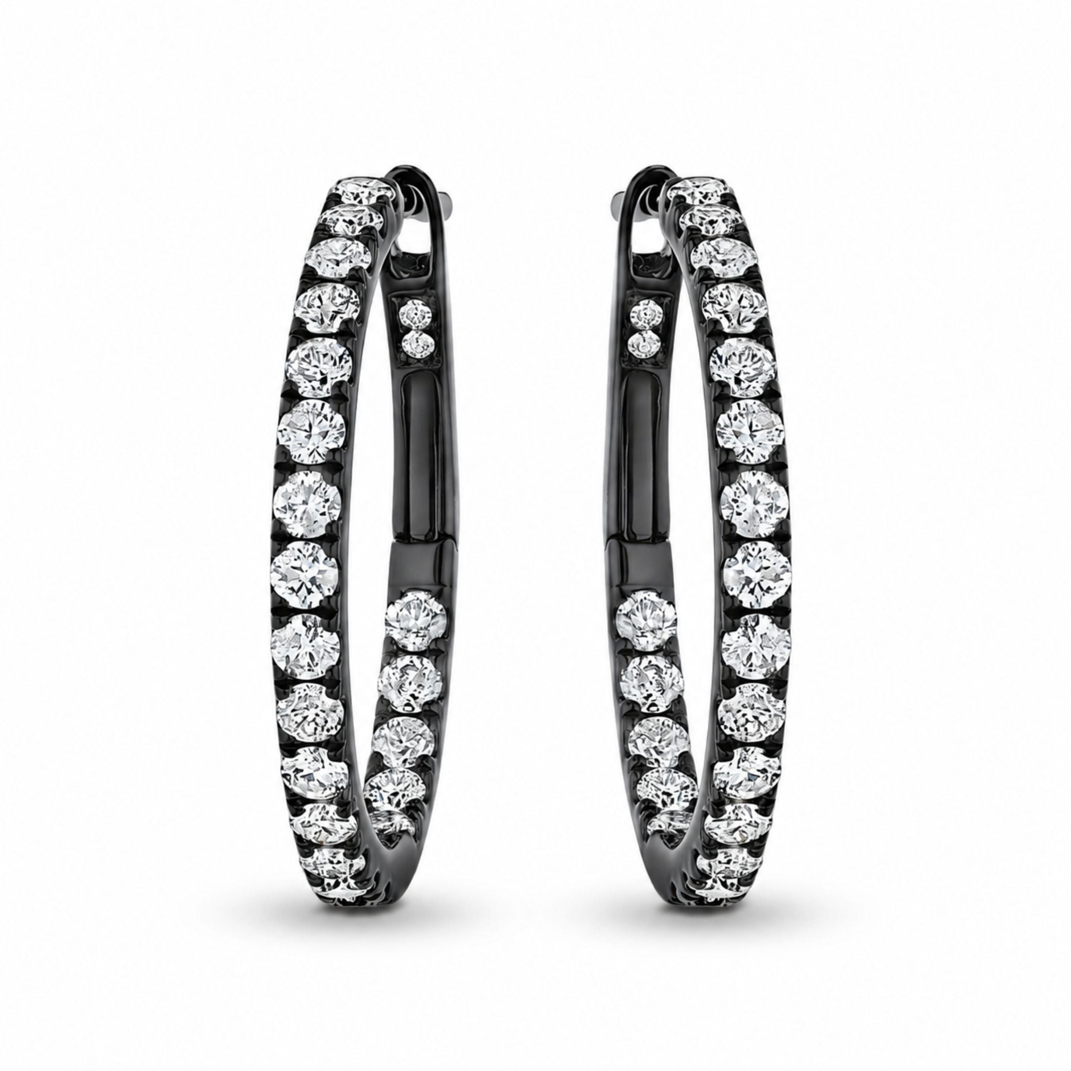Pair of Leviev black rhodium diamond hoop earrings front view with shimmering halo