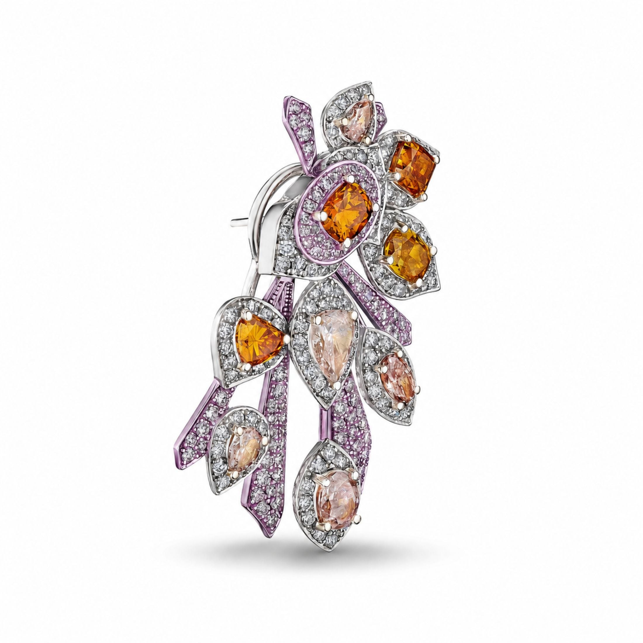 Side view of Leviev 18K White Gold statement earrings featuring purple metal veins and cascading colored diamonds