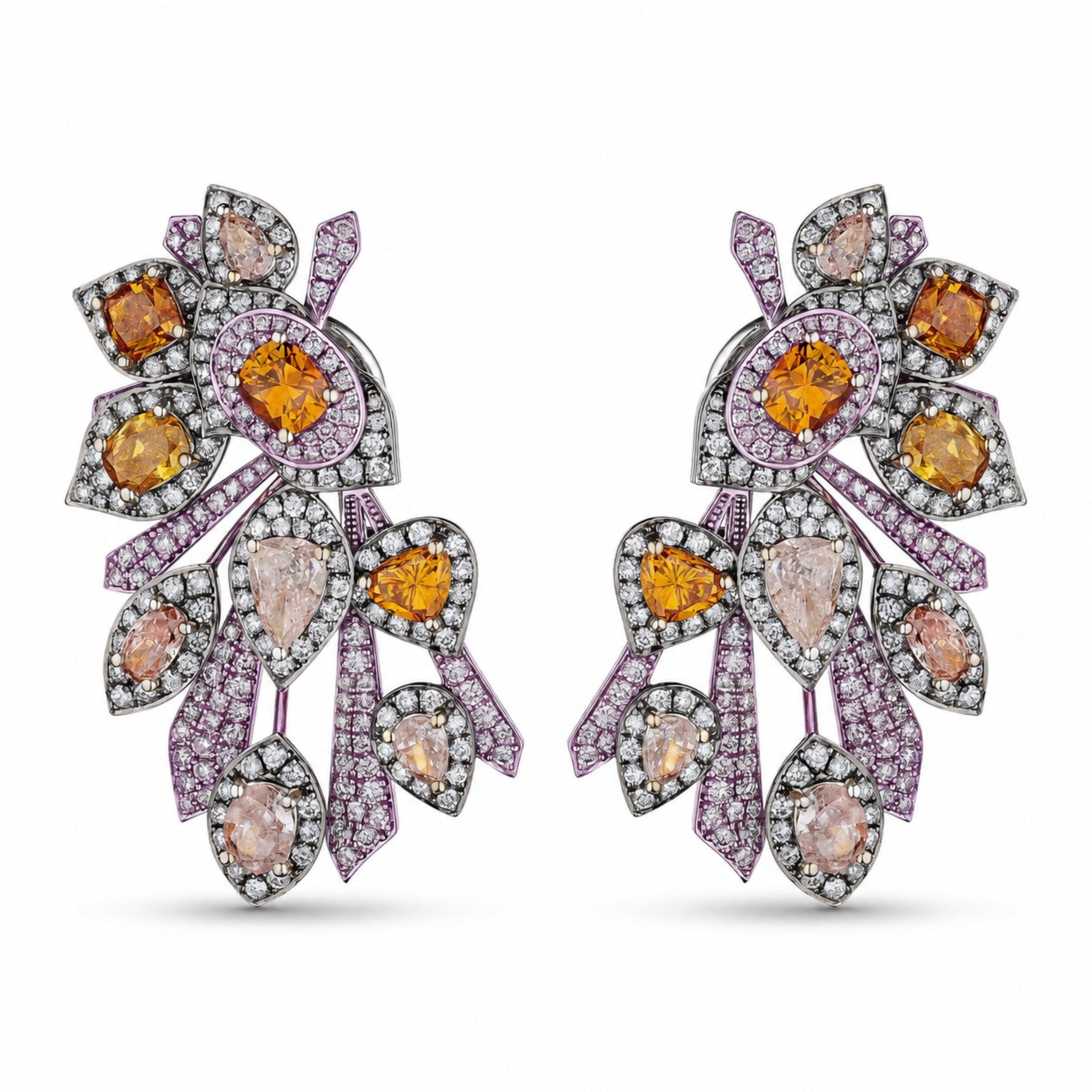 Leviev Fleur de Minuit 18K White Gold Diamond Earrings with orange-yellow and pink stones in floral design