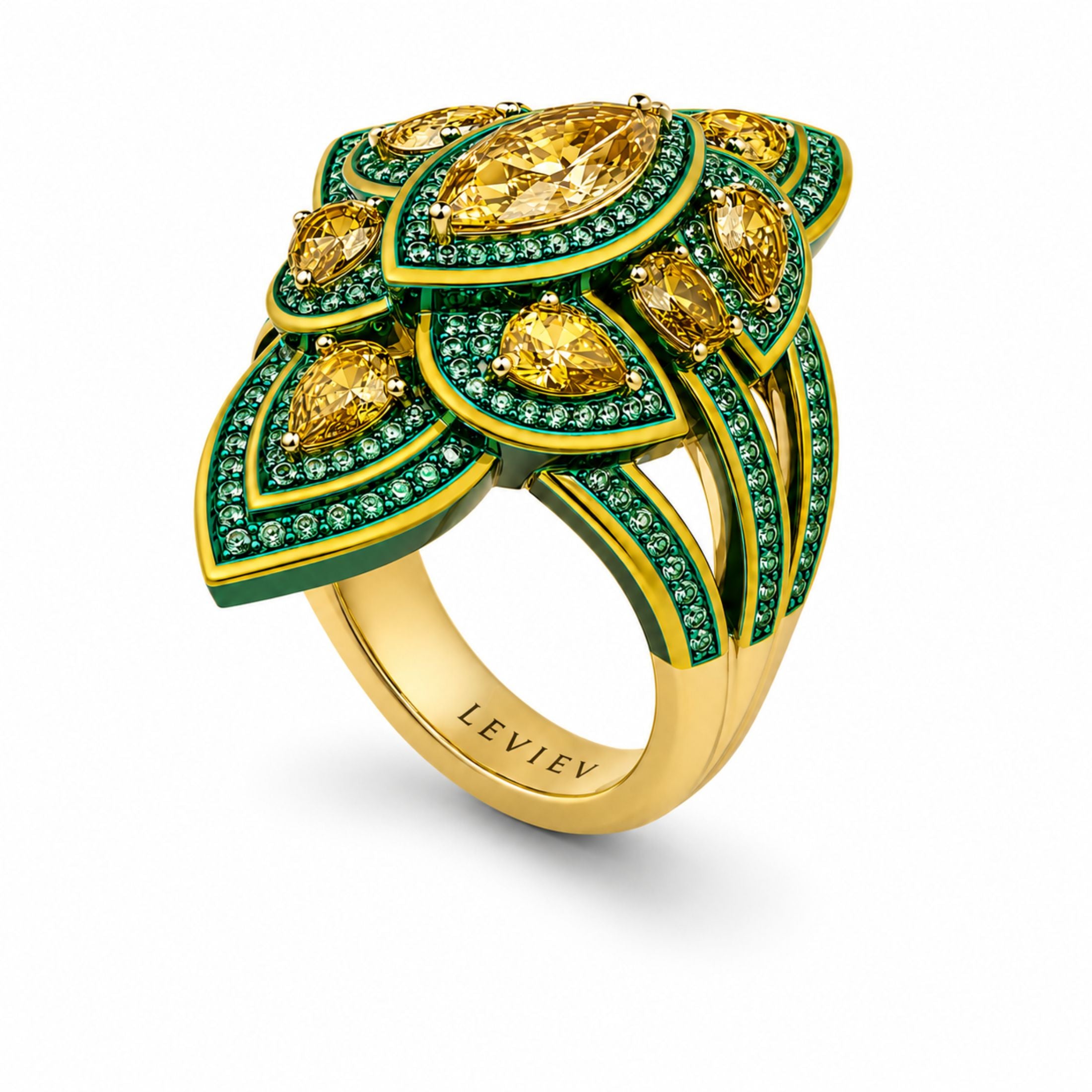 Leviev Gawain yellow diamond ring 18K gold floral marquise emerald green enamel pavé