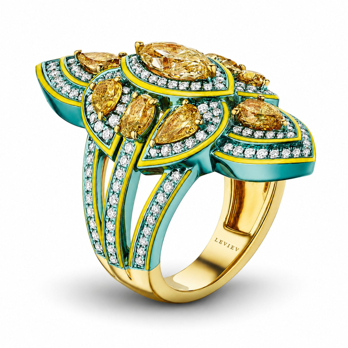 Leviev Gawain ring with marquise yellow diamond center, turquoise-blue petals, and pavé white diamonds in 18K gold