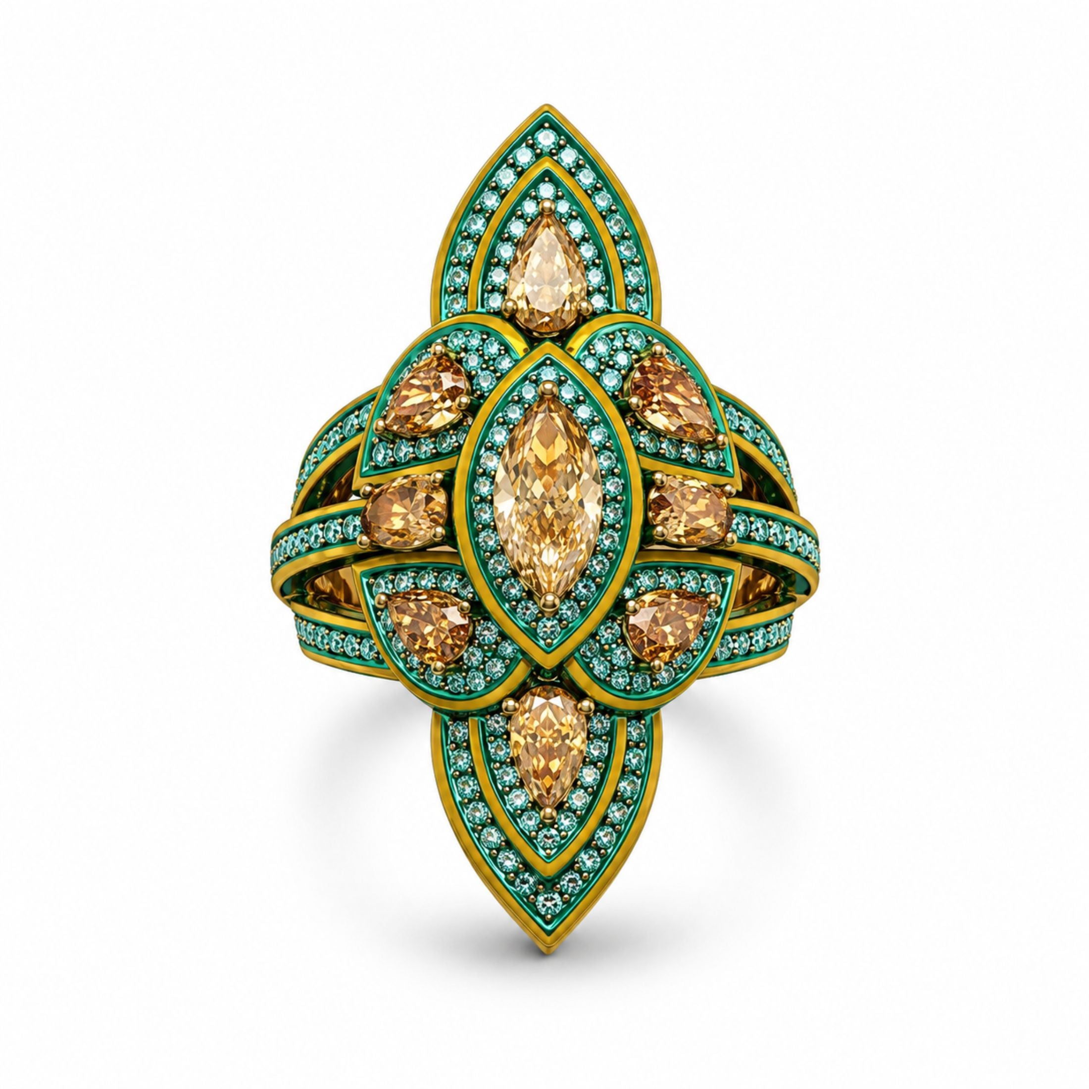 Leviev Gawain cross-shaped yellow diamond ring 18K gold pear cut honey tone green accents