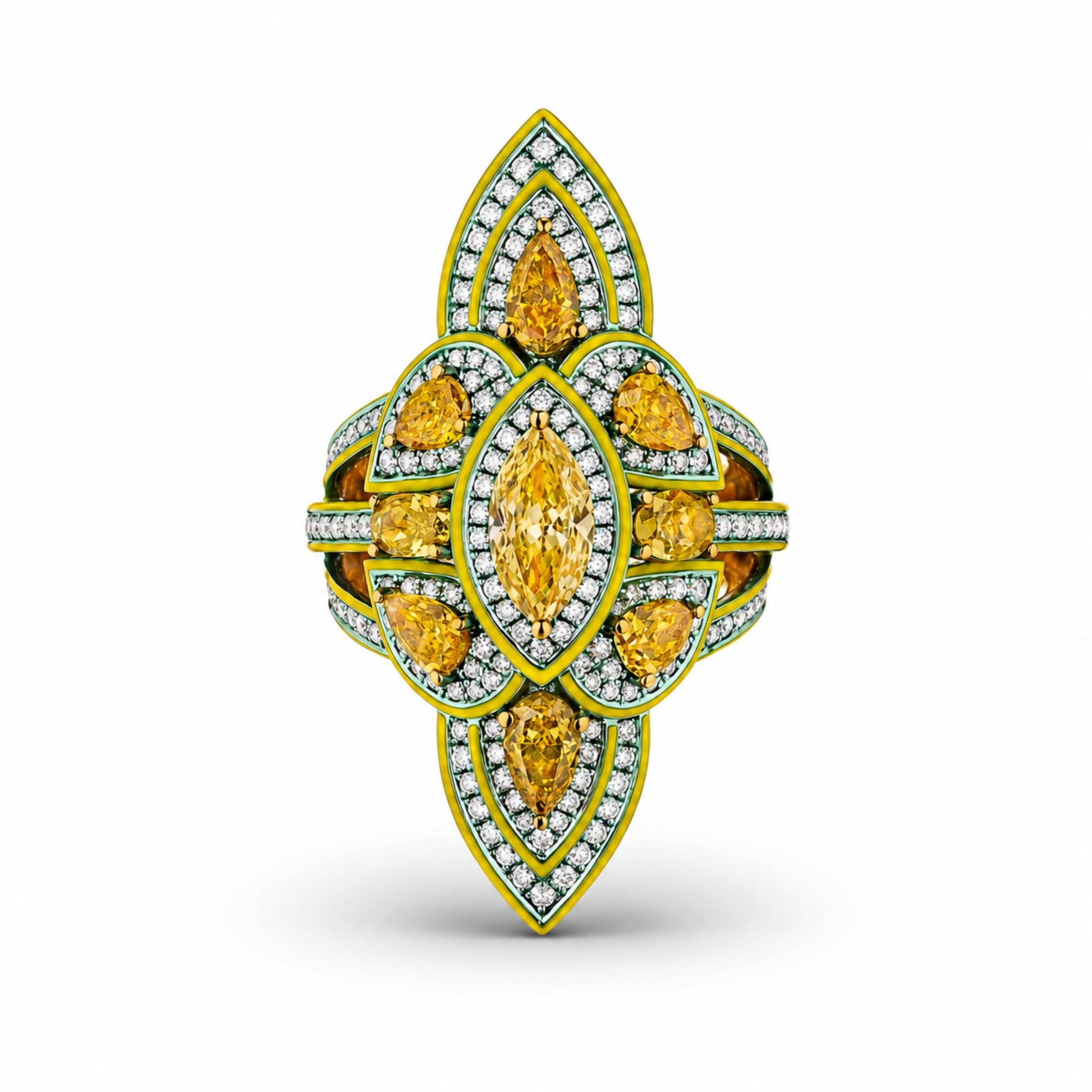 Front view of Leviev Gawain statement ring featuring symmetrical floral design with yellow diamonds and blue metal accents