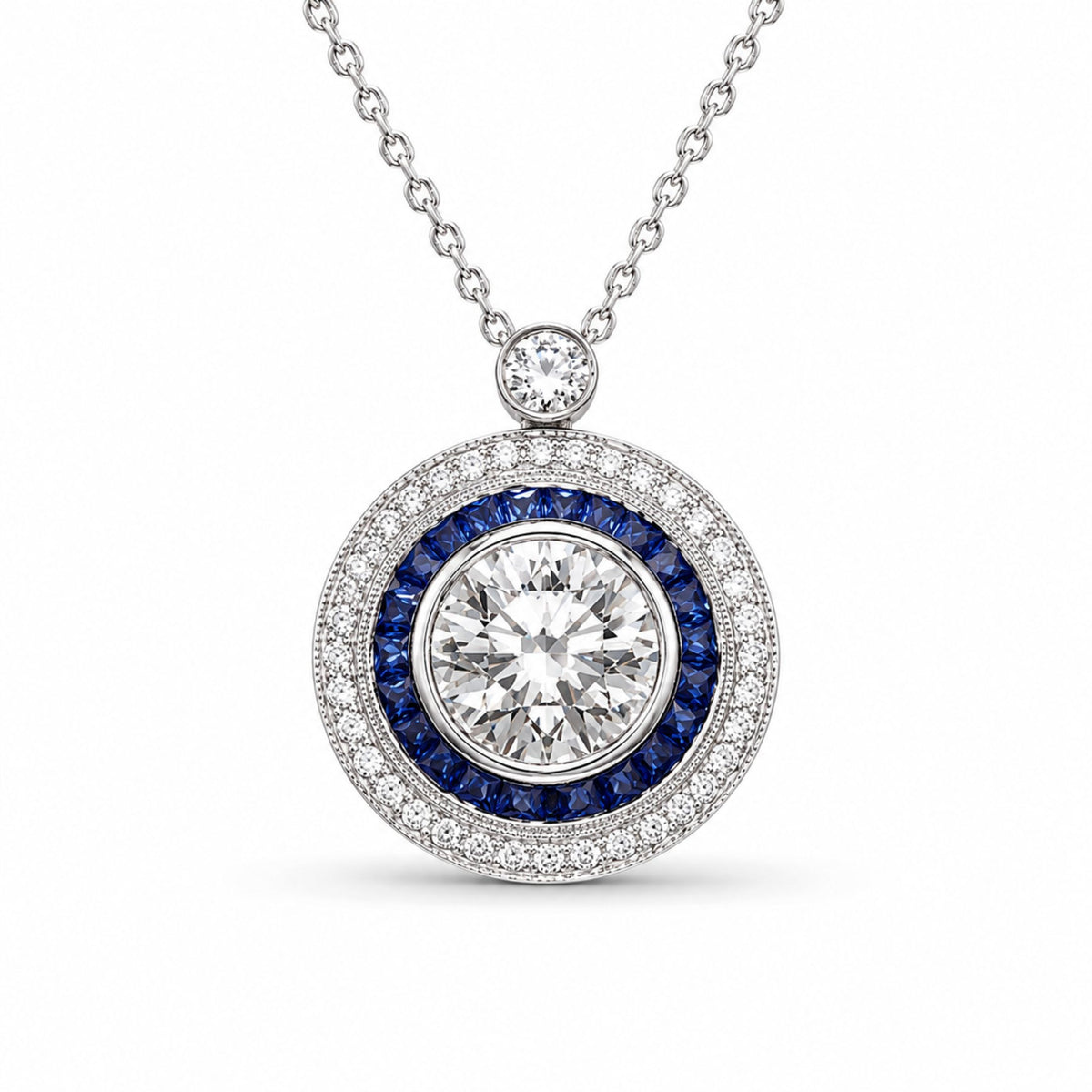 Leviev Geneviève 3.60ct Diamond Sapphire Halo Pendant in 18K White Gold with Royal Blue Sapphires