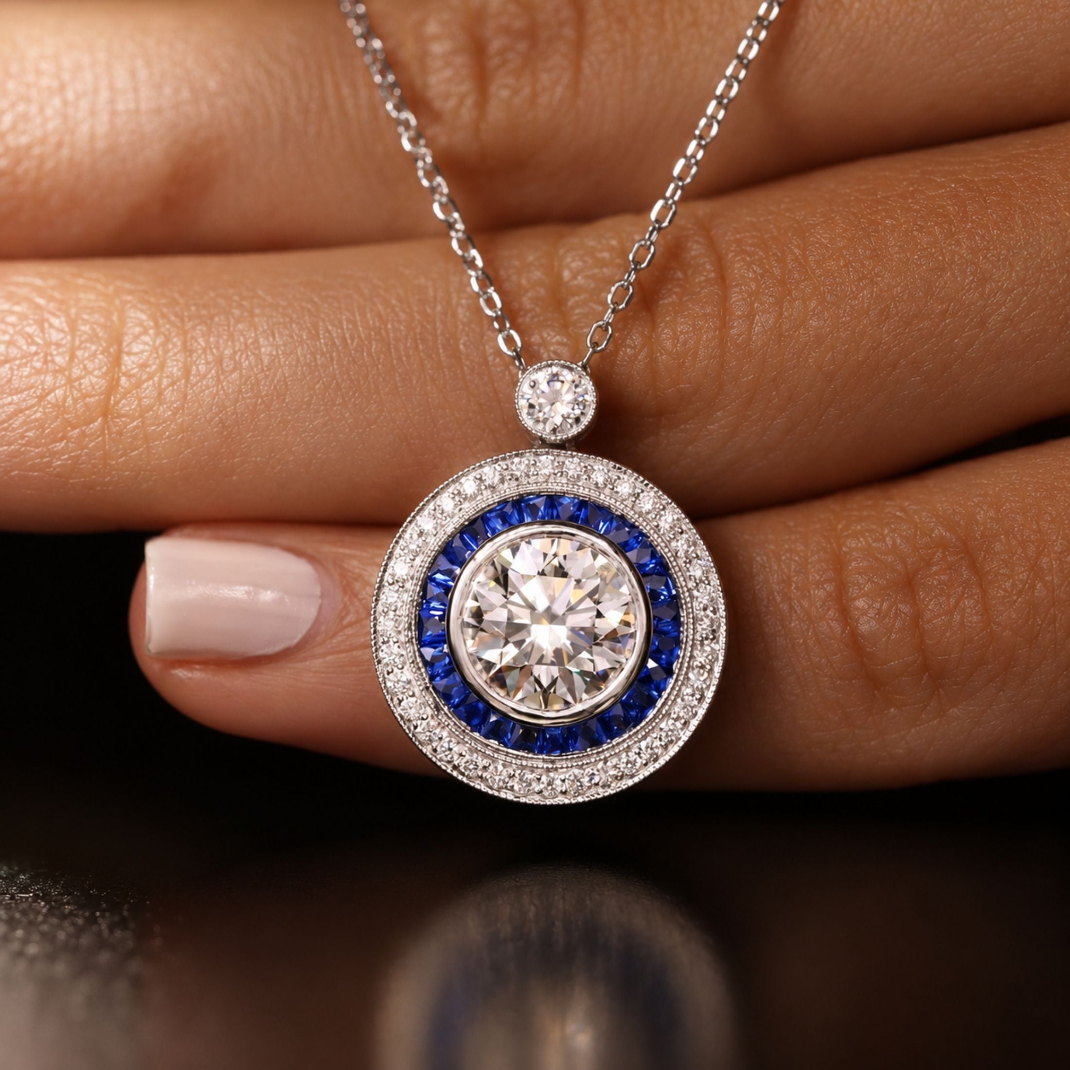 Close-up of Leviev Geneviève pendant showing royal blue sapphire halo and diamond bail detail on white gold
