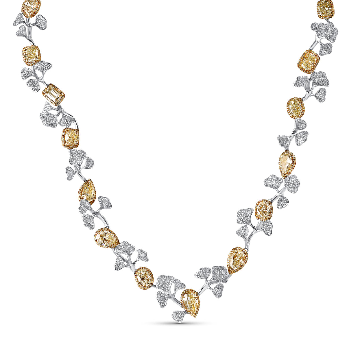 Leviev Ginkgo Boom 18K gold necklace draped to show fit with alternating yellow and white diamond leaves