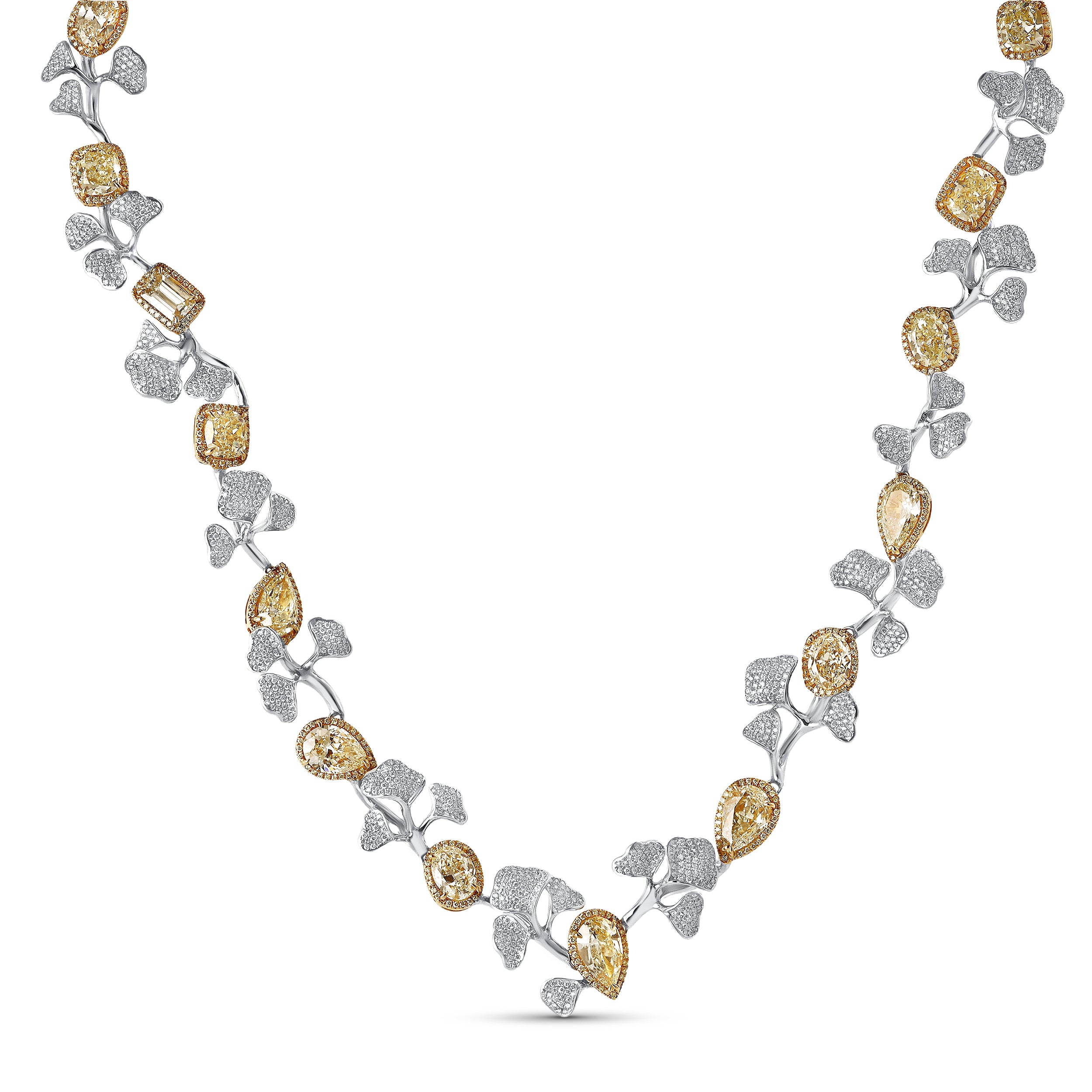 Leviev Ginkgo Boom 18K gold necklace draped to show fit with alternating yellow and white diamond leaves