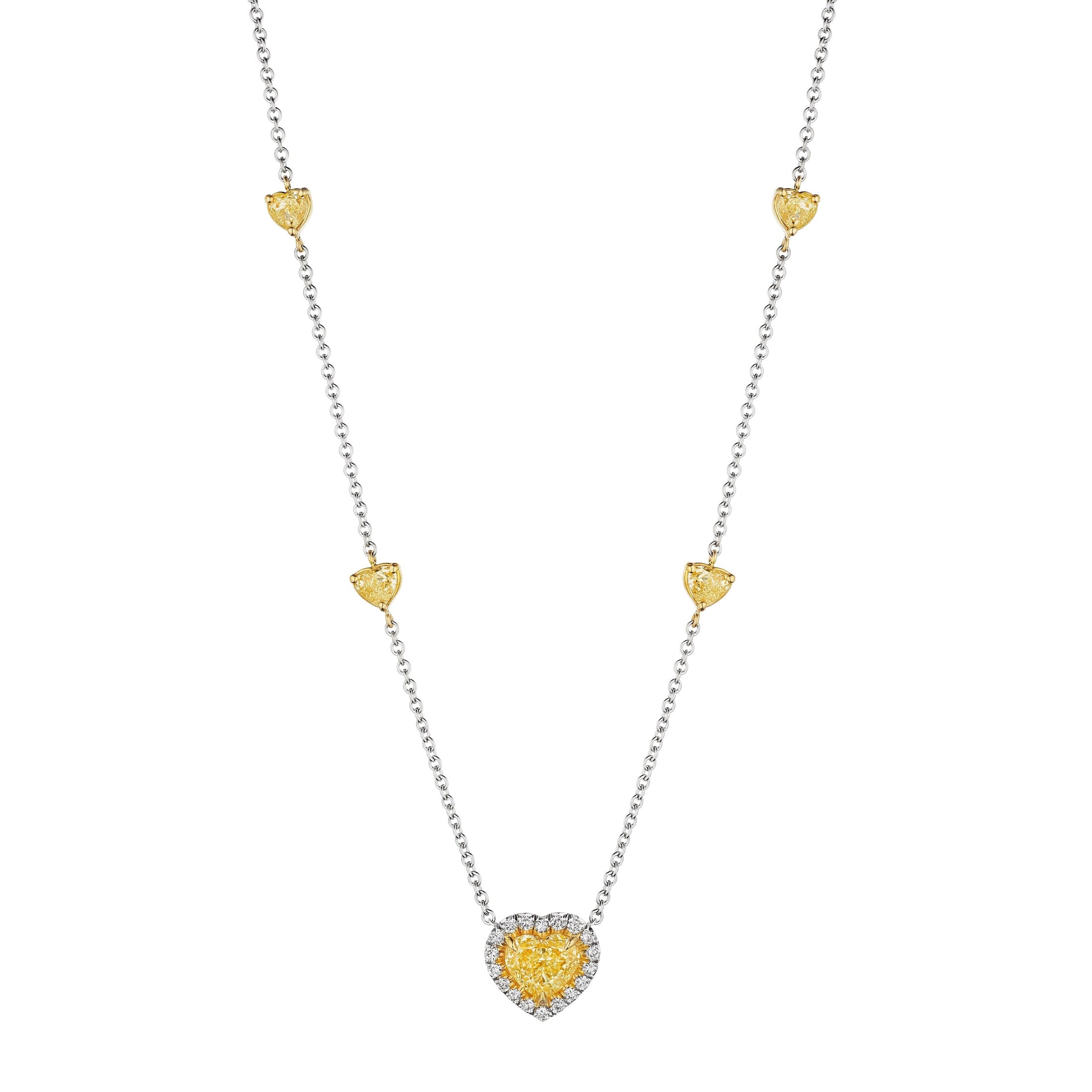 Leviev yellow heart diamond pendant necklace in 18K white gold with halo and dual-tone trilli charms