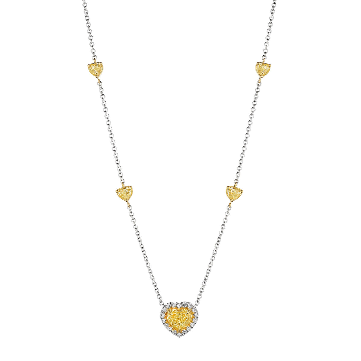 Leviev yellow heart diamond pendant necklace in 18K white gold with halo and dual-tone trilli charms