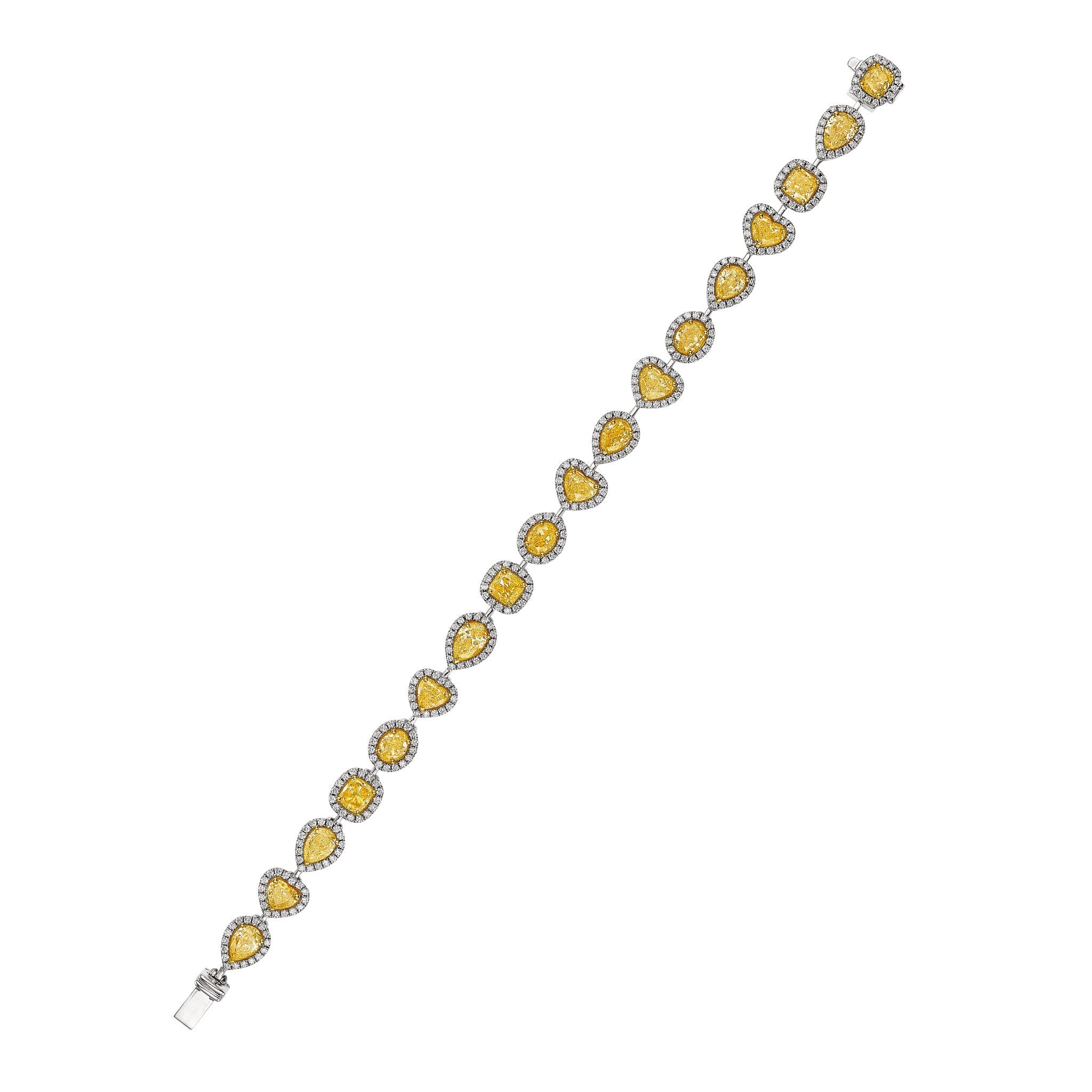 Full view Leviev 10.55 carat yellow diamond station bracelet alternating heart pear shapes