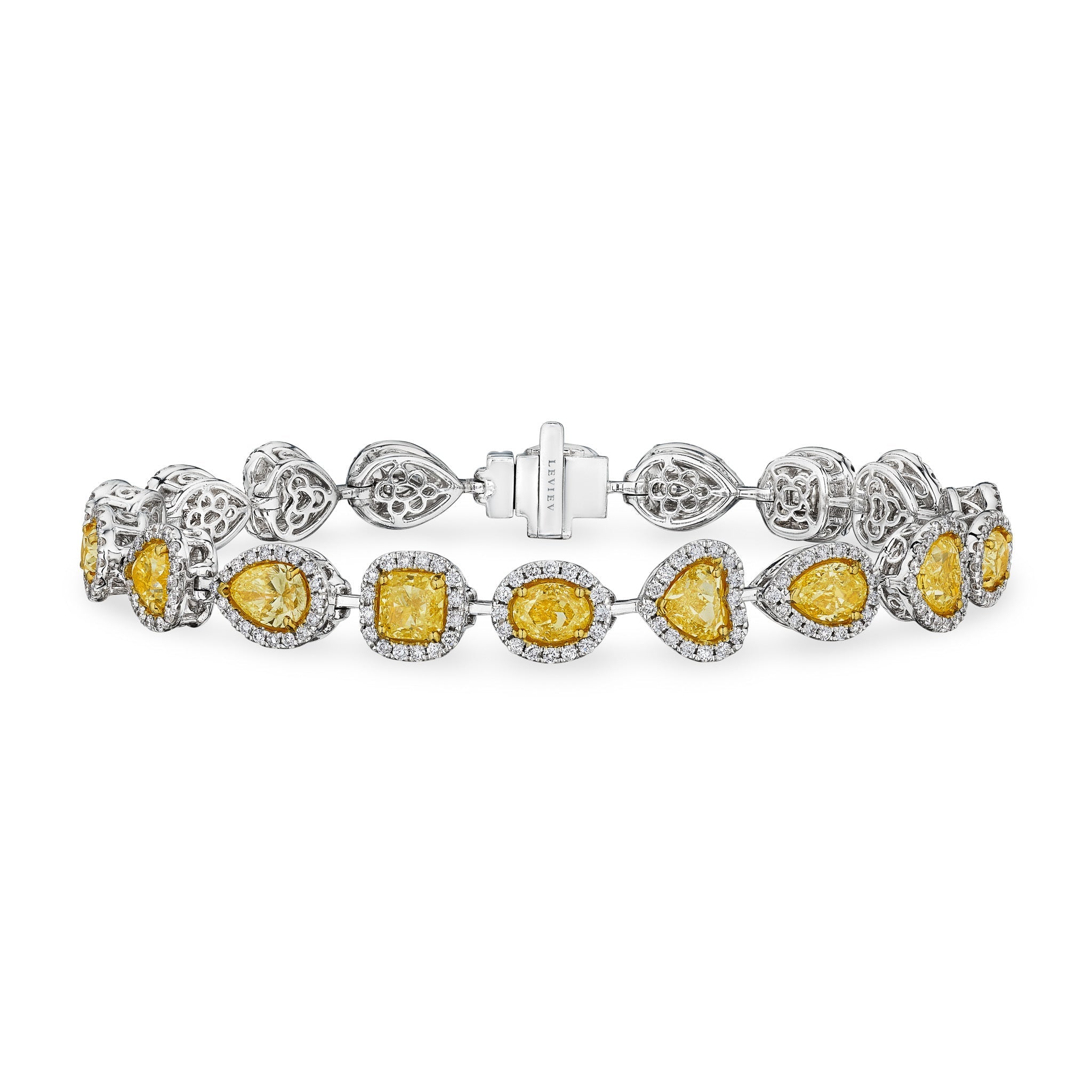 Leviev yellow diamond station bracelet 18K white gold with heart and pear cuts double halo pavé