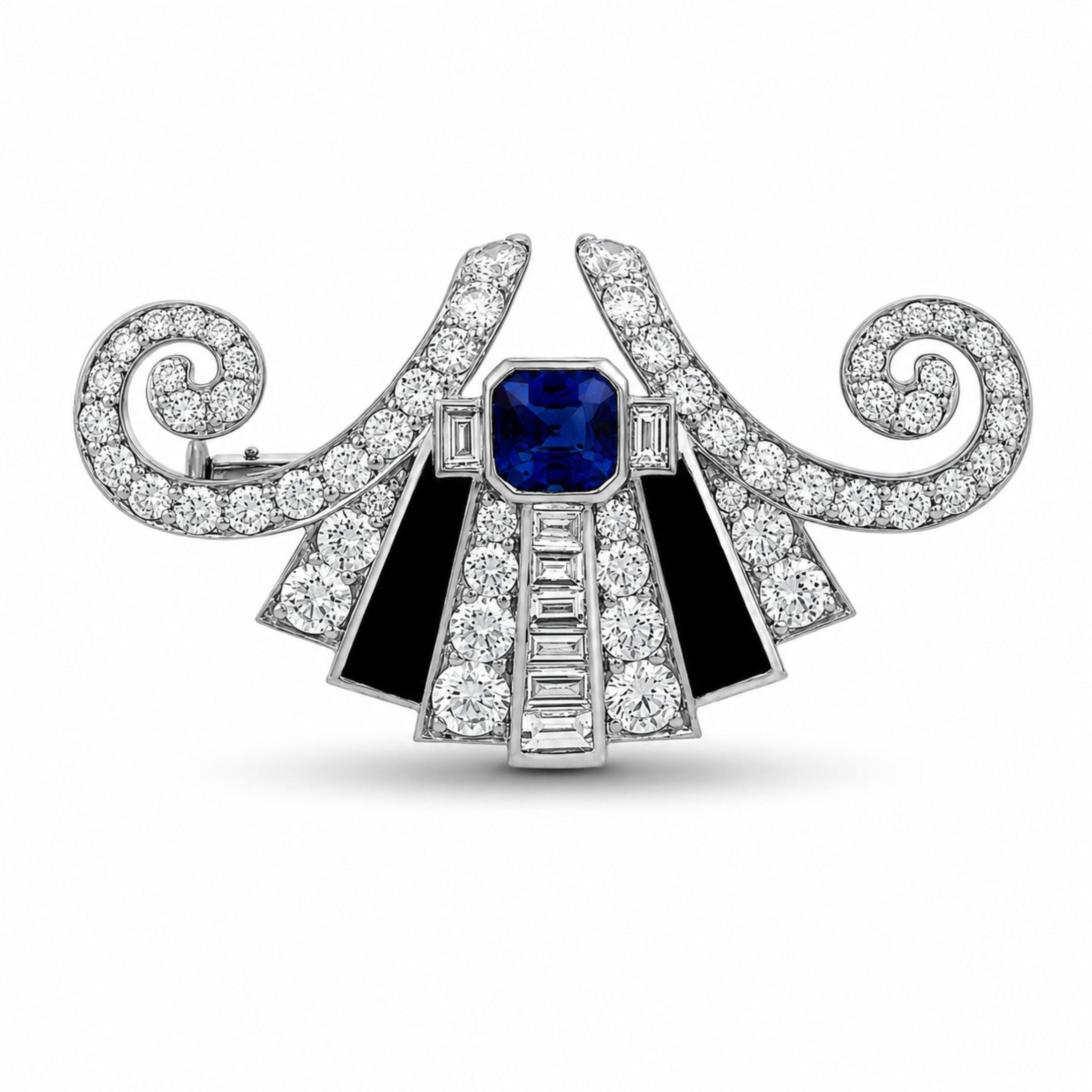Gramercy 4.06 Carat Blue Sapphire & Diamond Brooch in 18K White Gold