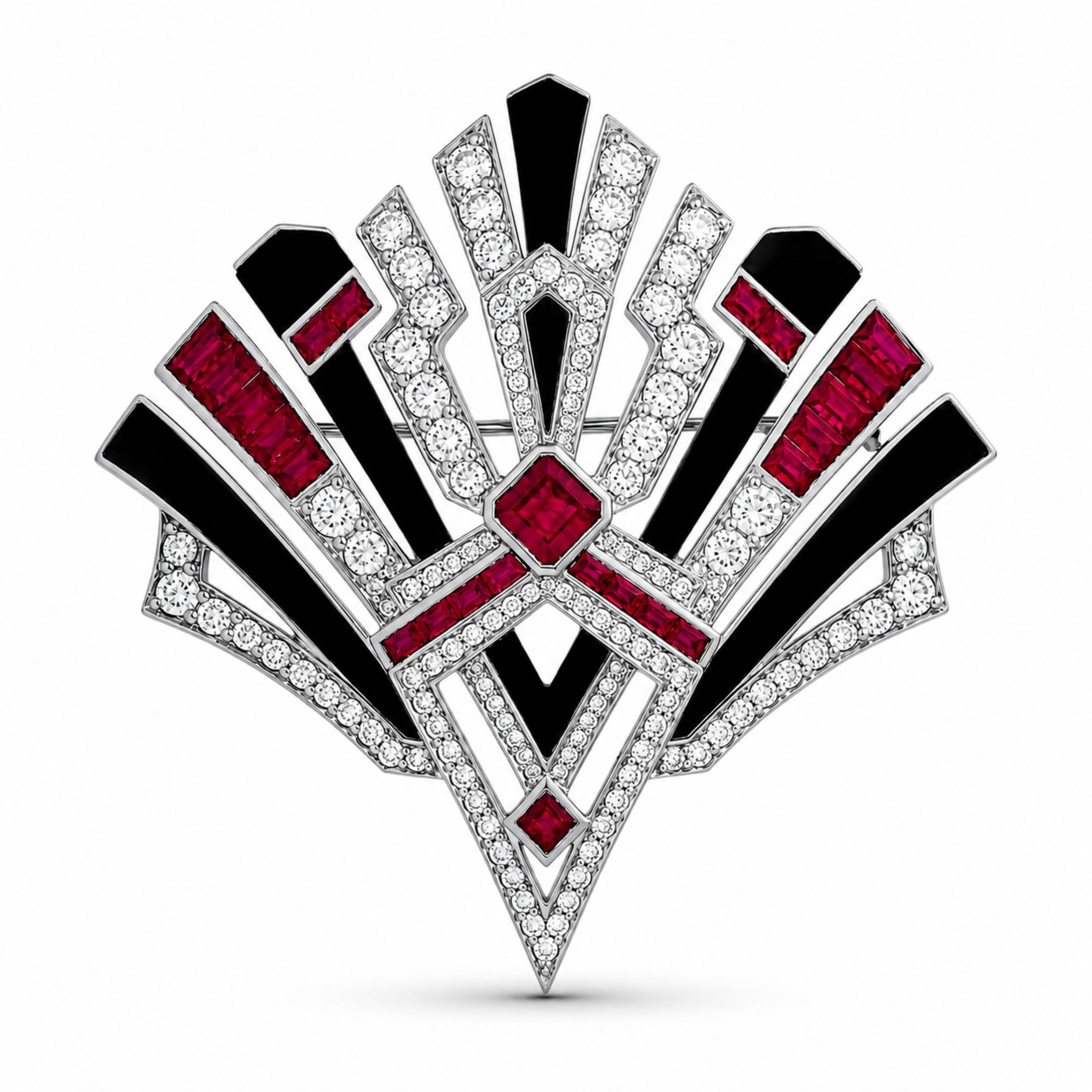 Gramercy 8.87 Carat Ruby, Onyx, & Diamond Brooch in 18K White Gold