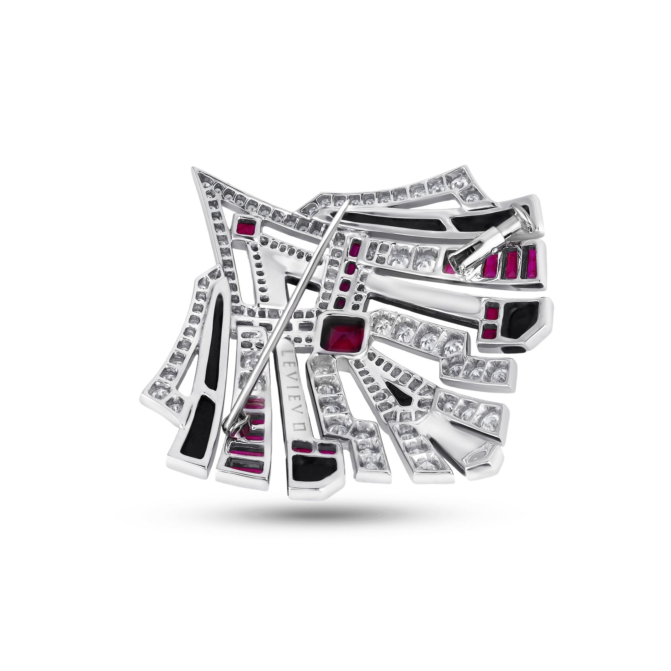 Gramercy 8.87 Carat Ruby, Onyx, & Diamond Brooch in 18K White Gold