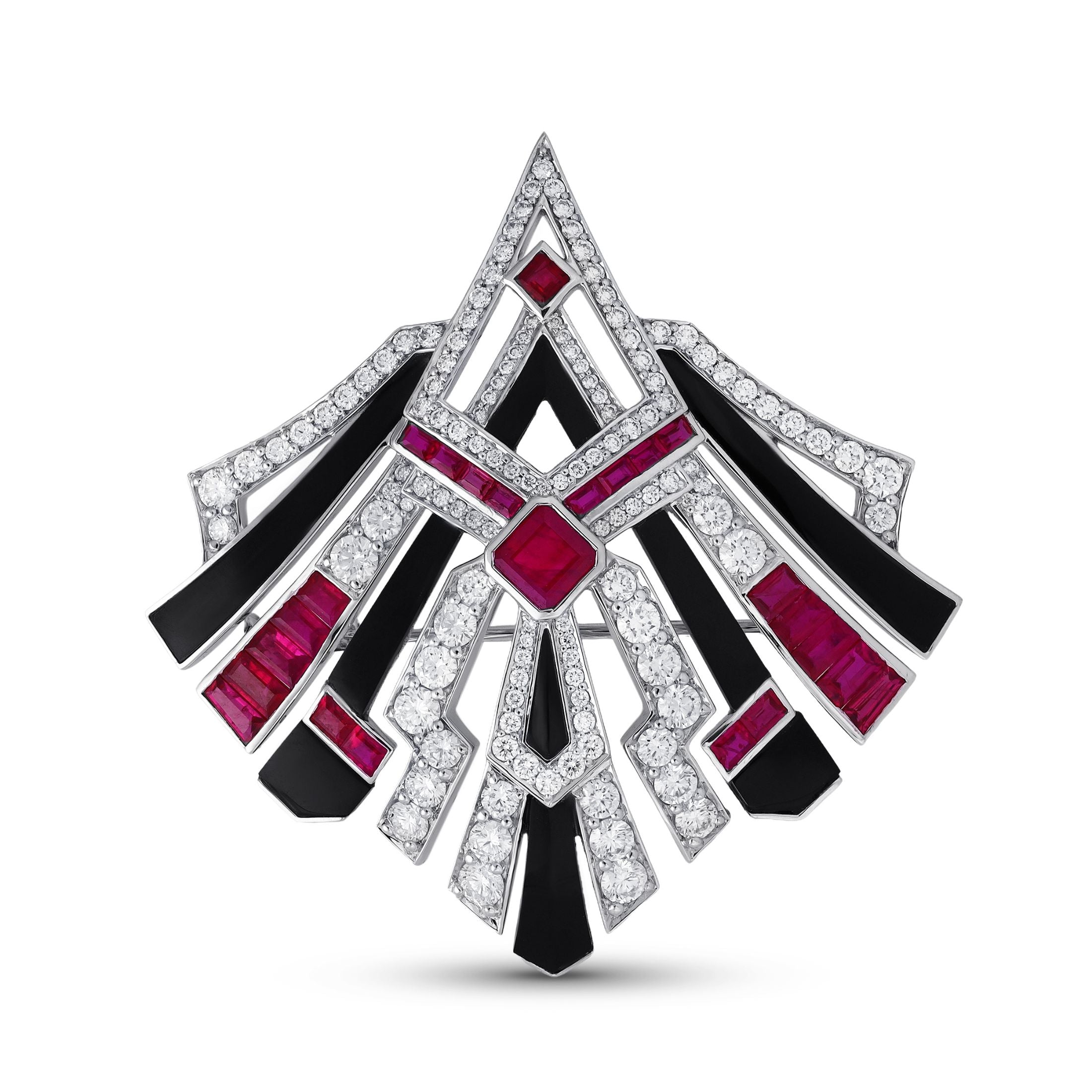Gramercy 8.87 Carat Ruby, Onyx, & Diamond Brooch in 18K White Gold