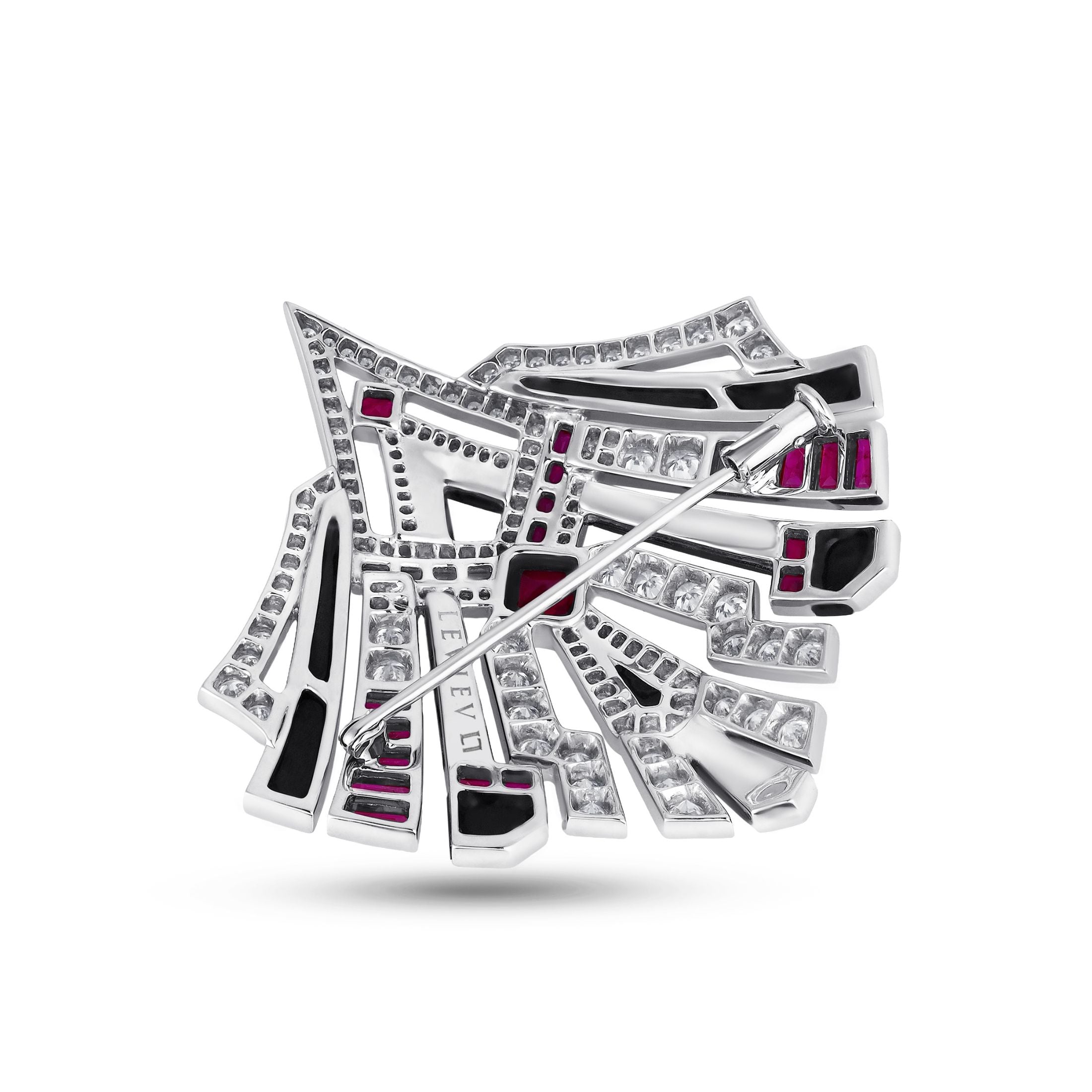 Gramercy 8.87 Carat Ruby, Onyx, & Diamond Brooch in 18K White Gold