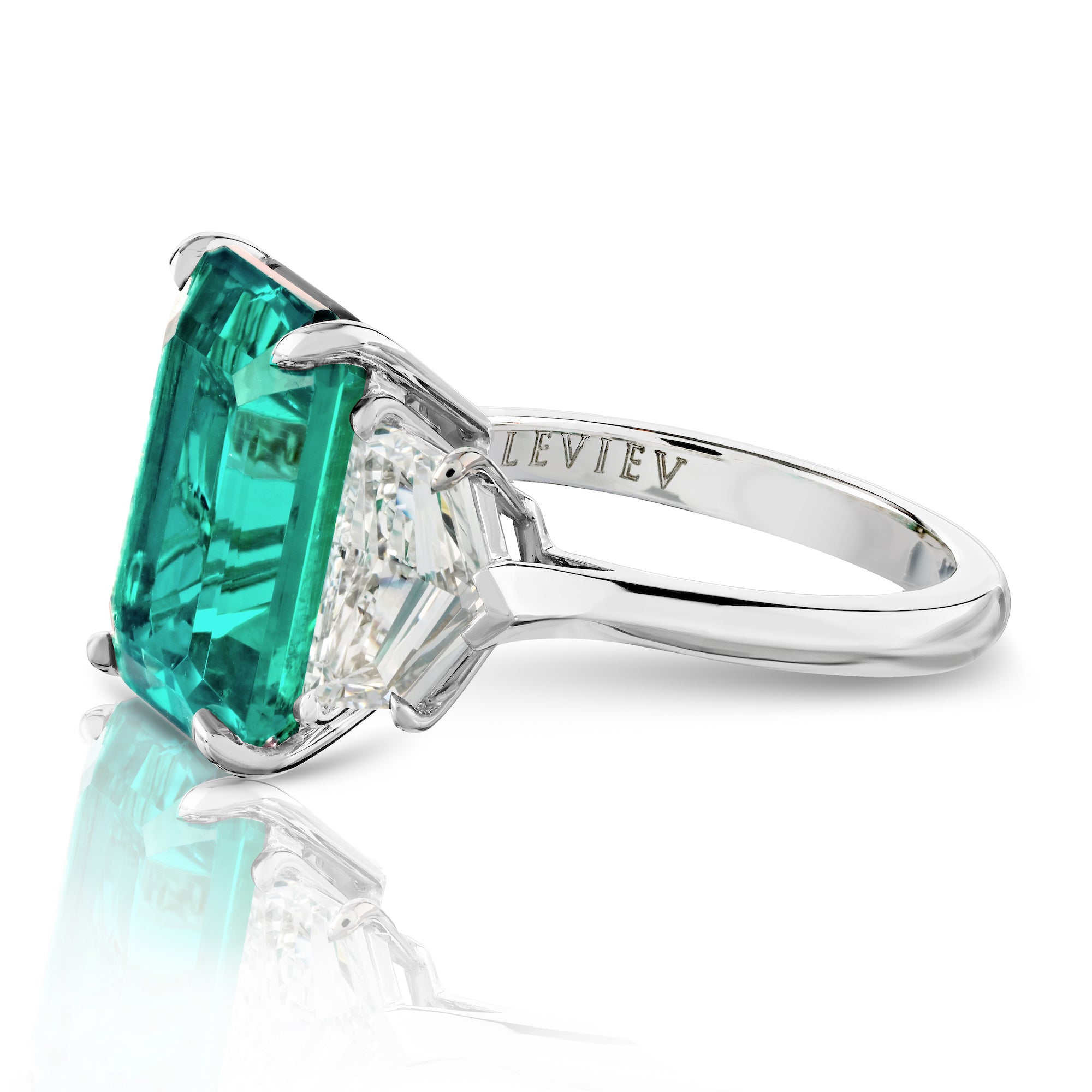 Green Zambian Emerald Cut Diamond Ring with Cadillac Shirt Cuts, 12 CT Leviev Rings Rings Leviev 