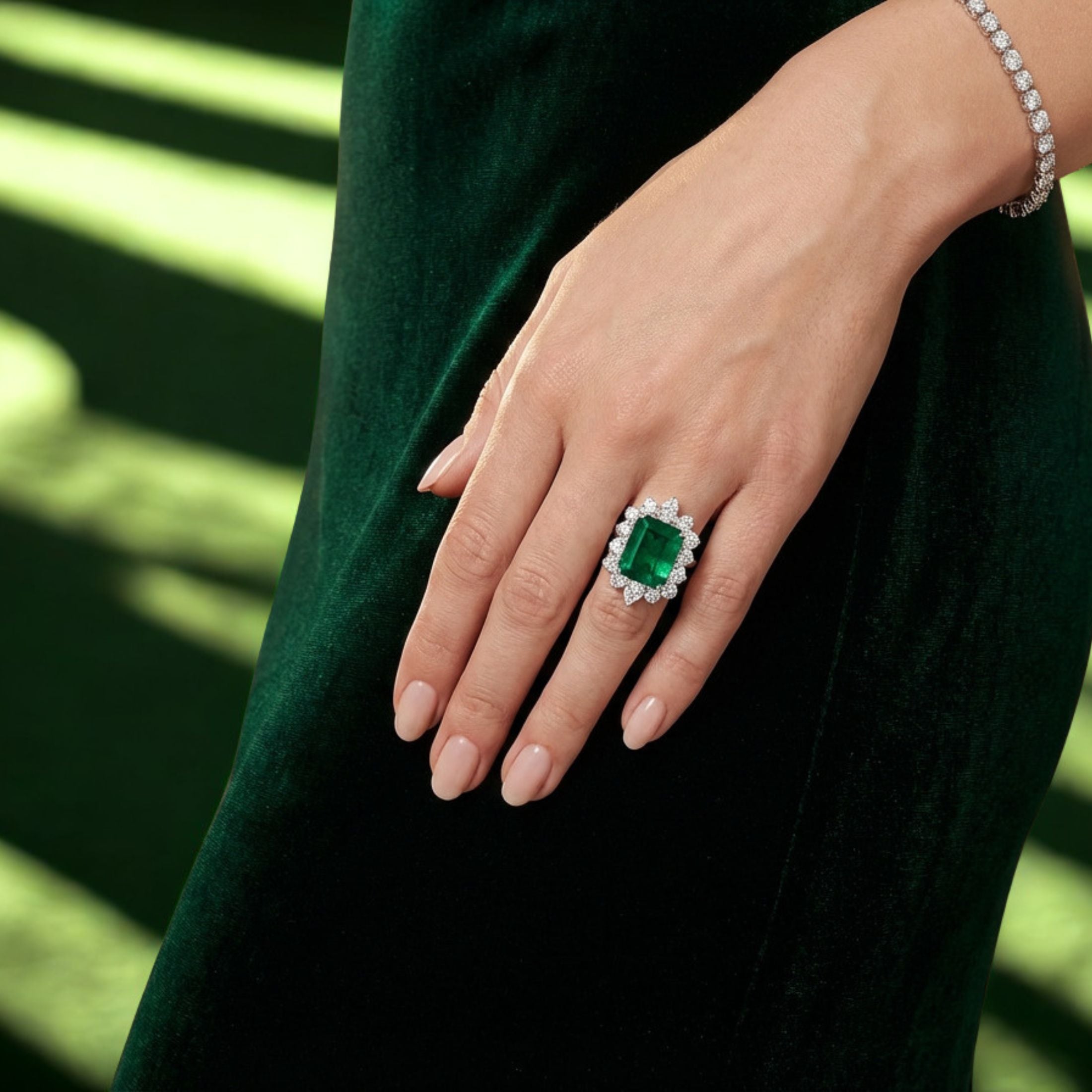 Leviev Grove Crown emerald diamond ring on hand with green velvet