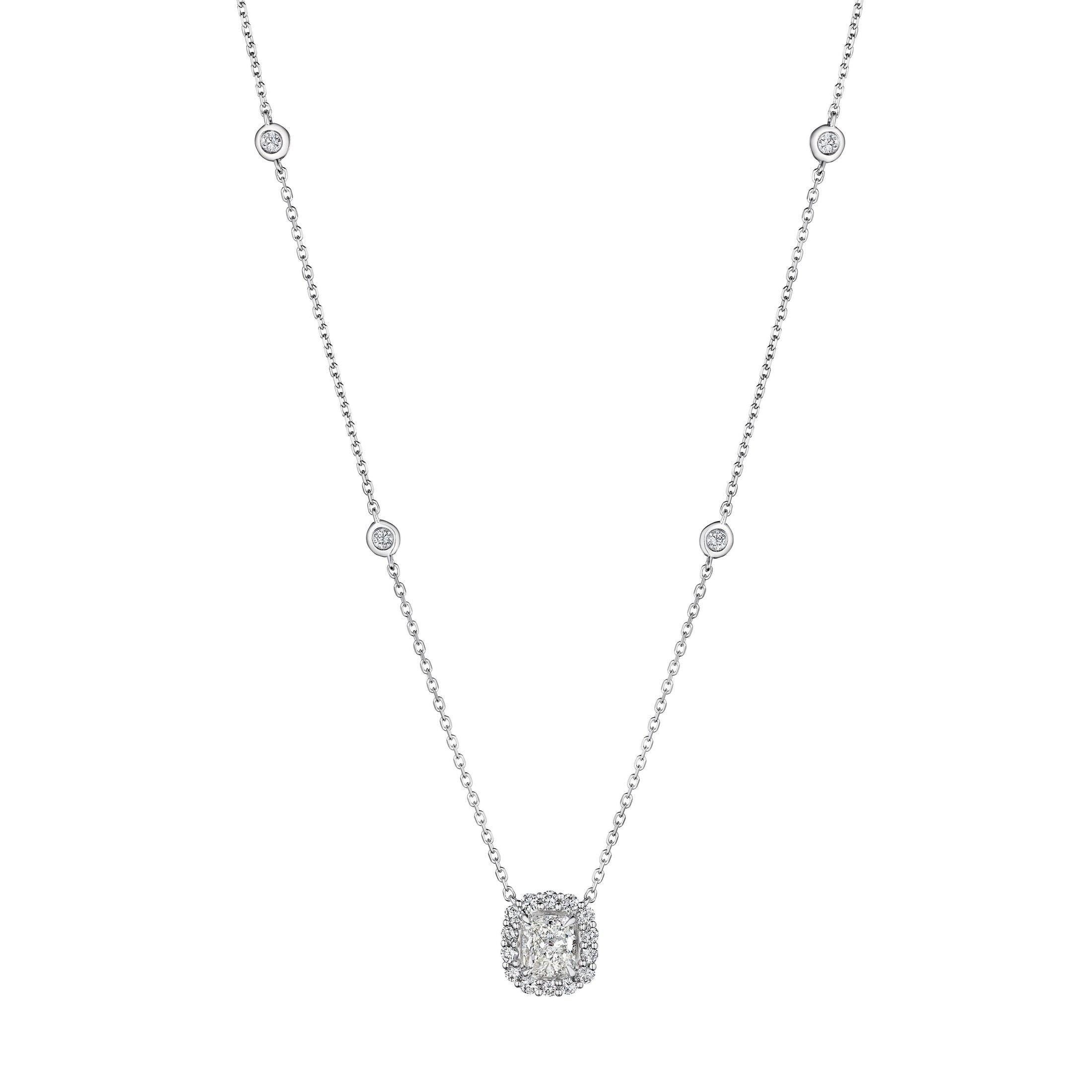 Leviev 1.65ct Cushion Cut Diamond Pendant Necklace in 18K White Gold with halo and diamond-accented chain