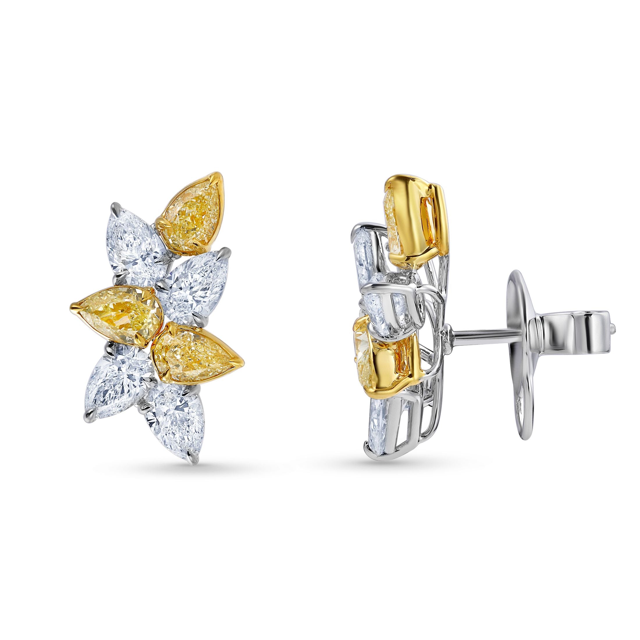 Hale 7.10 Carat Yellow & White Cluster Diamond Earrings in 18K Gold