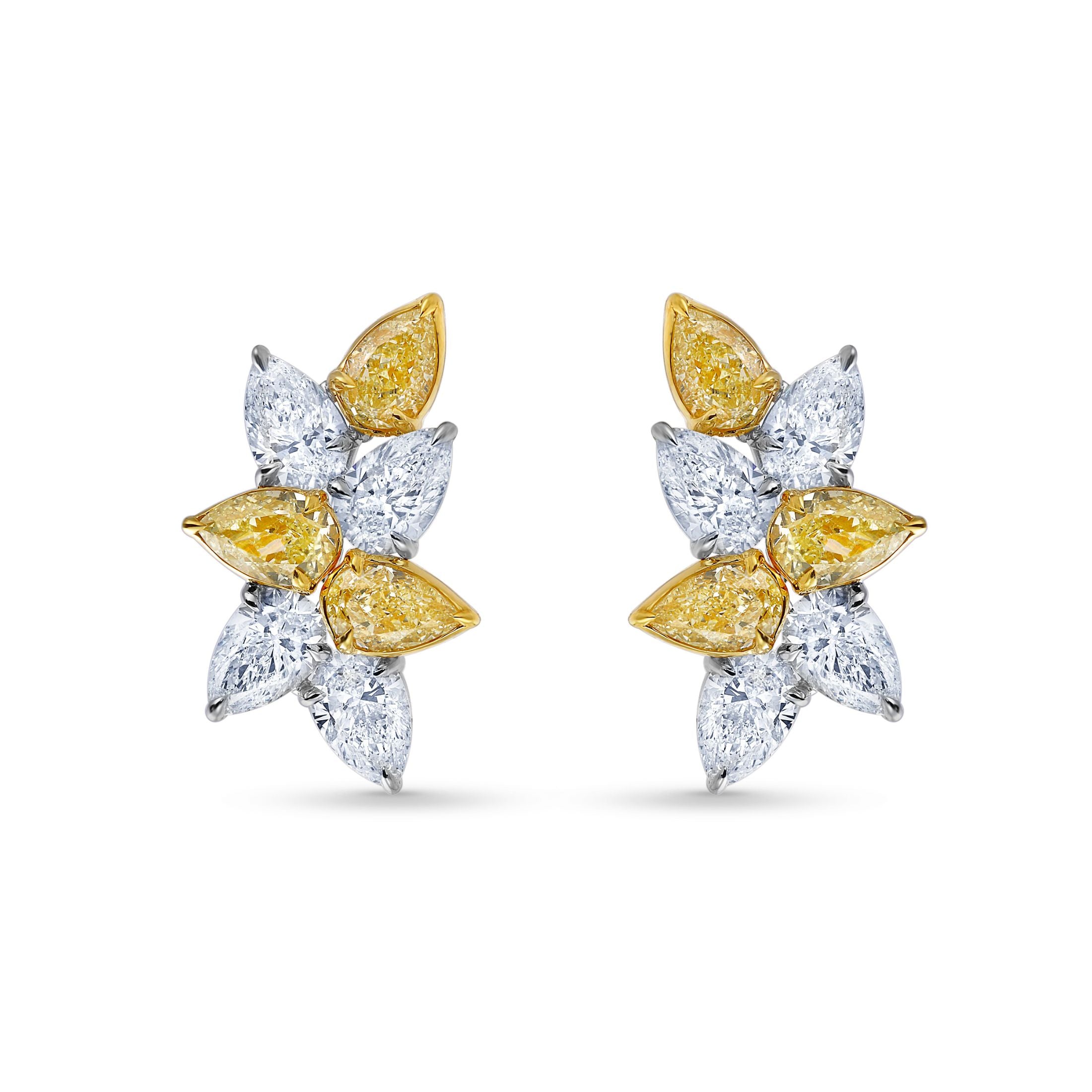 Hale 7.10 Carat Yellow & White Cluster Diamond Earrings in 18K Gold