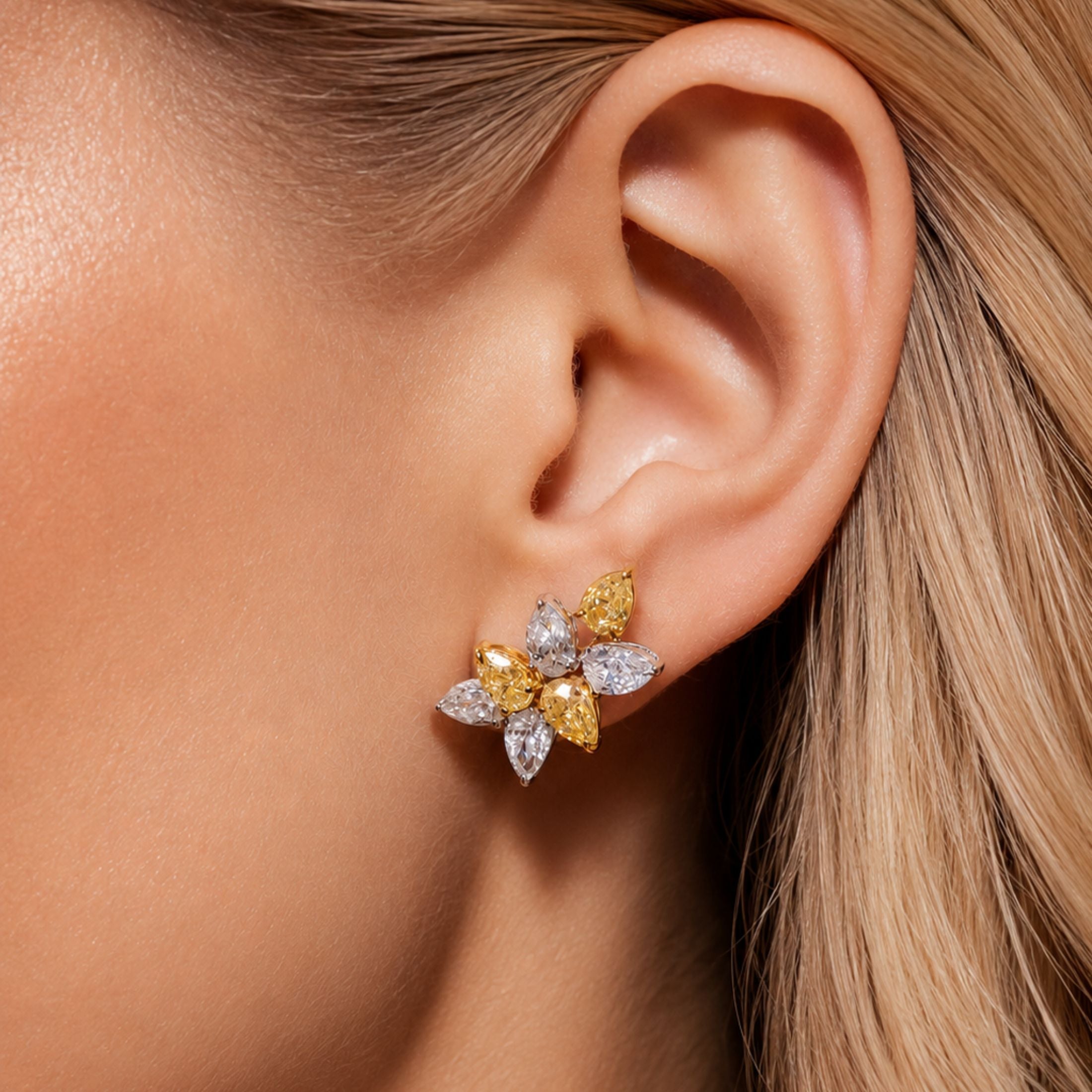 Hale 7.10 Carat Yellow & White Cluster Diamond Earrings in 18K Gold
