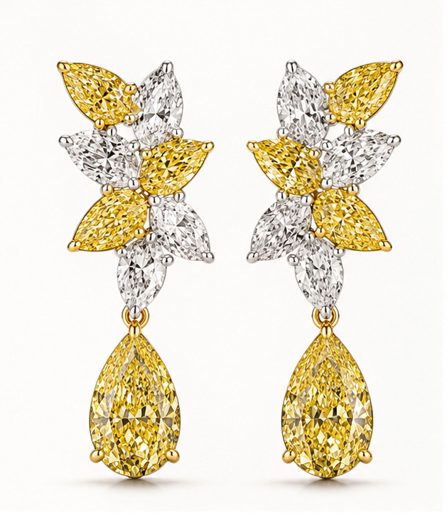 Hale yellow and white diamond cluster drop earrings in 18K white and yellow gold with pear-shaped yellow diamond drops